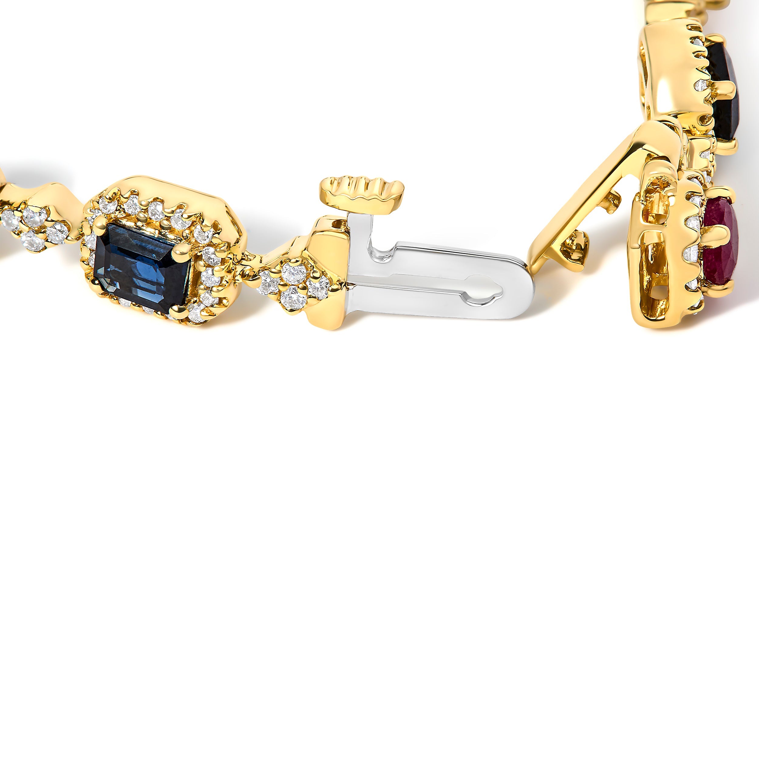 14K Yellow Gold Multi-Gemstone and Diamond Halo Rainbow Link Bracelet DestGlow