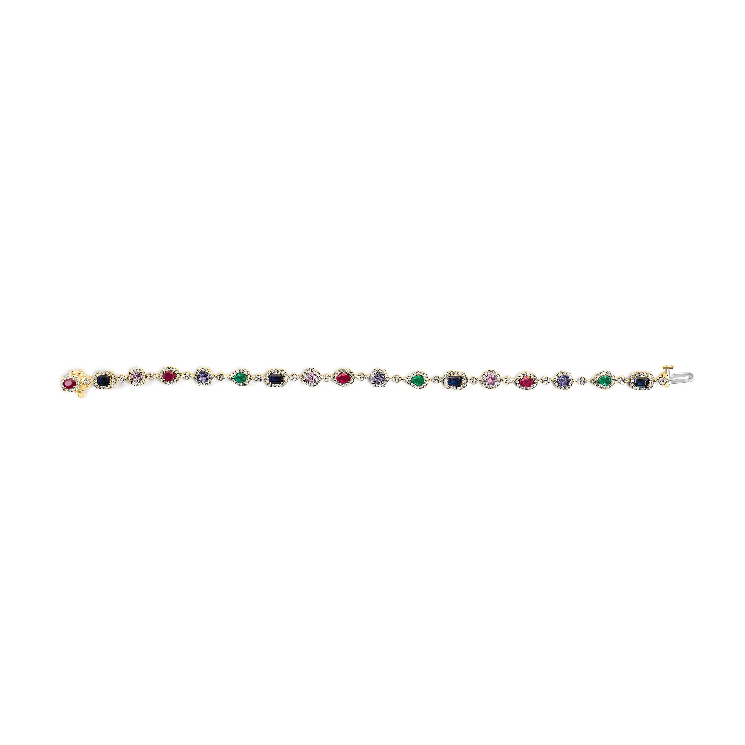 14K Yellow Gold Multi-Gemstone and Diamond Halo Rainbow Link Bracelet DestGlow