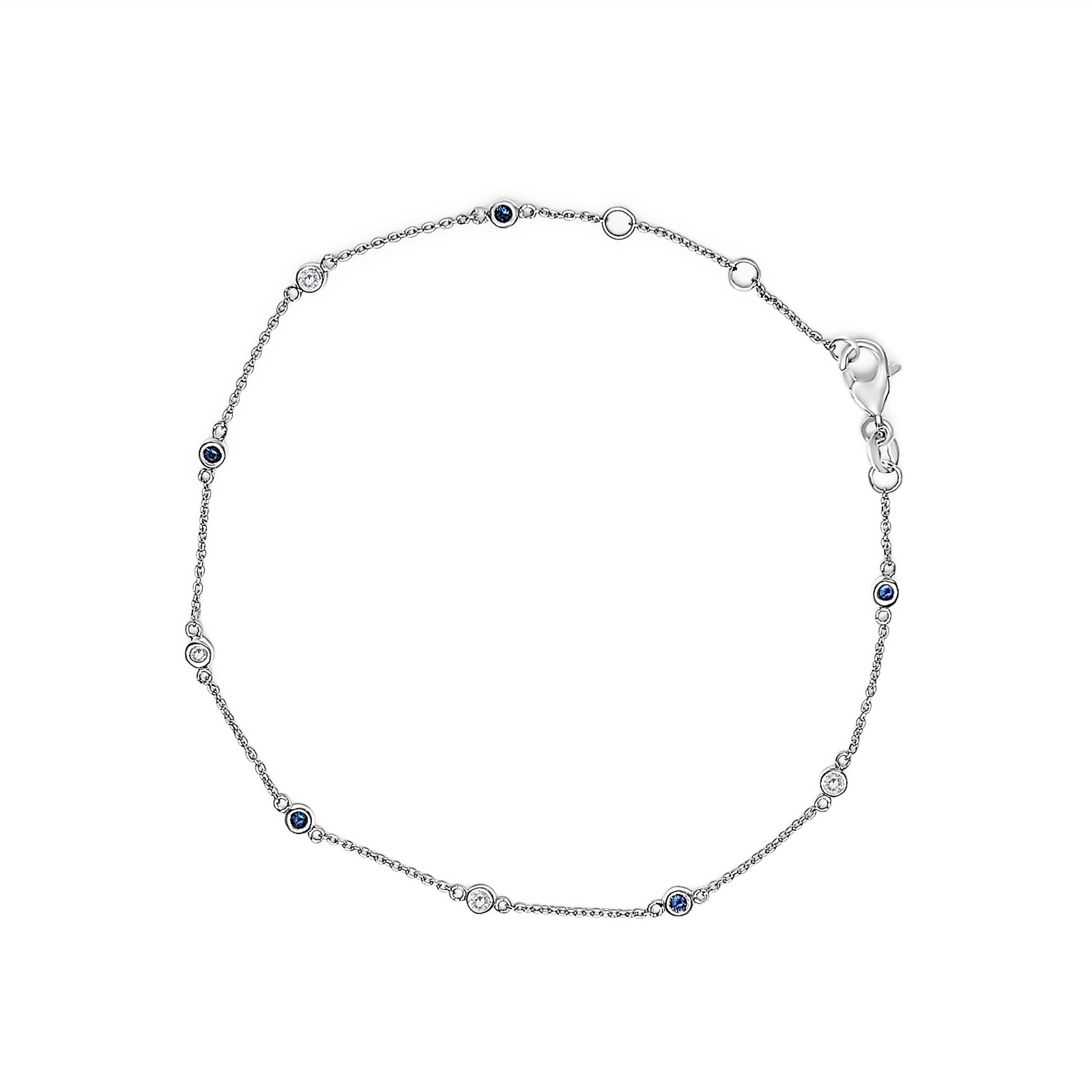 14K White Gold Alternating Blue Sapphire and White Diamond Bezel Station Chain Bracelet (I-J Color, SI2-I1 Clarity) - 8" Inches DestGlow