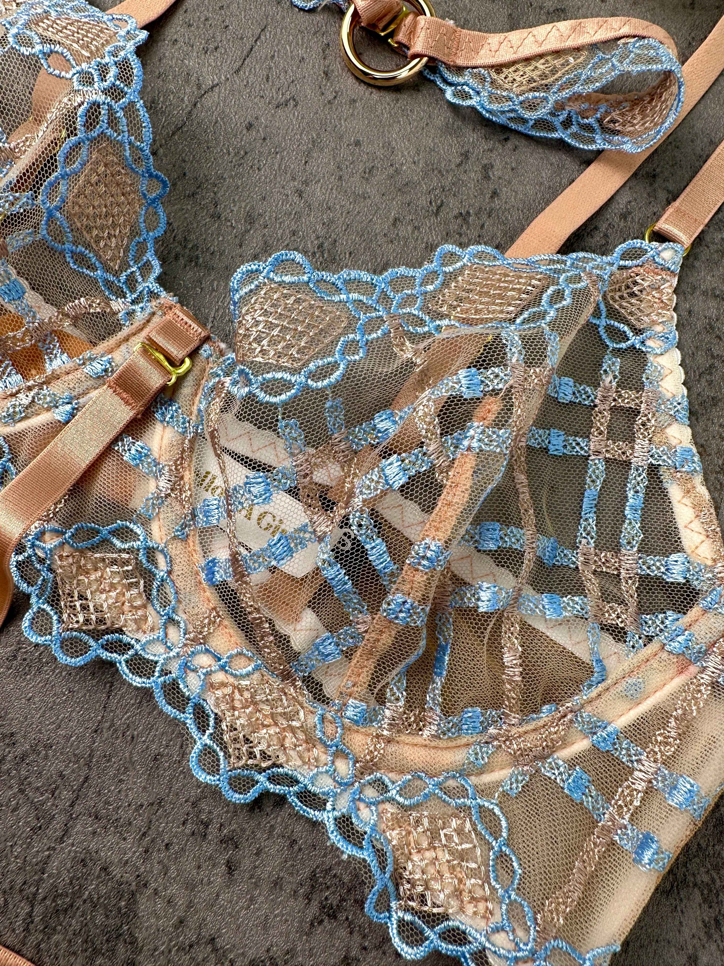 Sophia Blue & Beige Plaid Lingerie Set