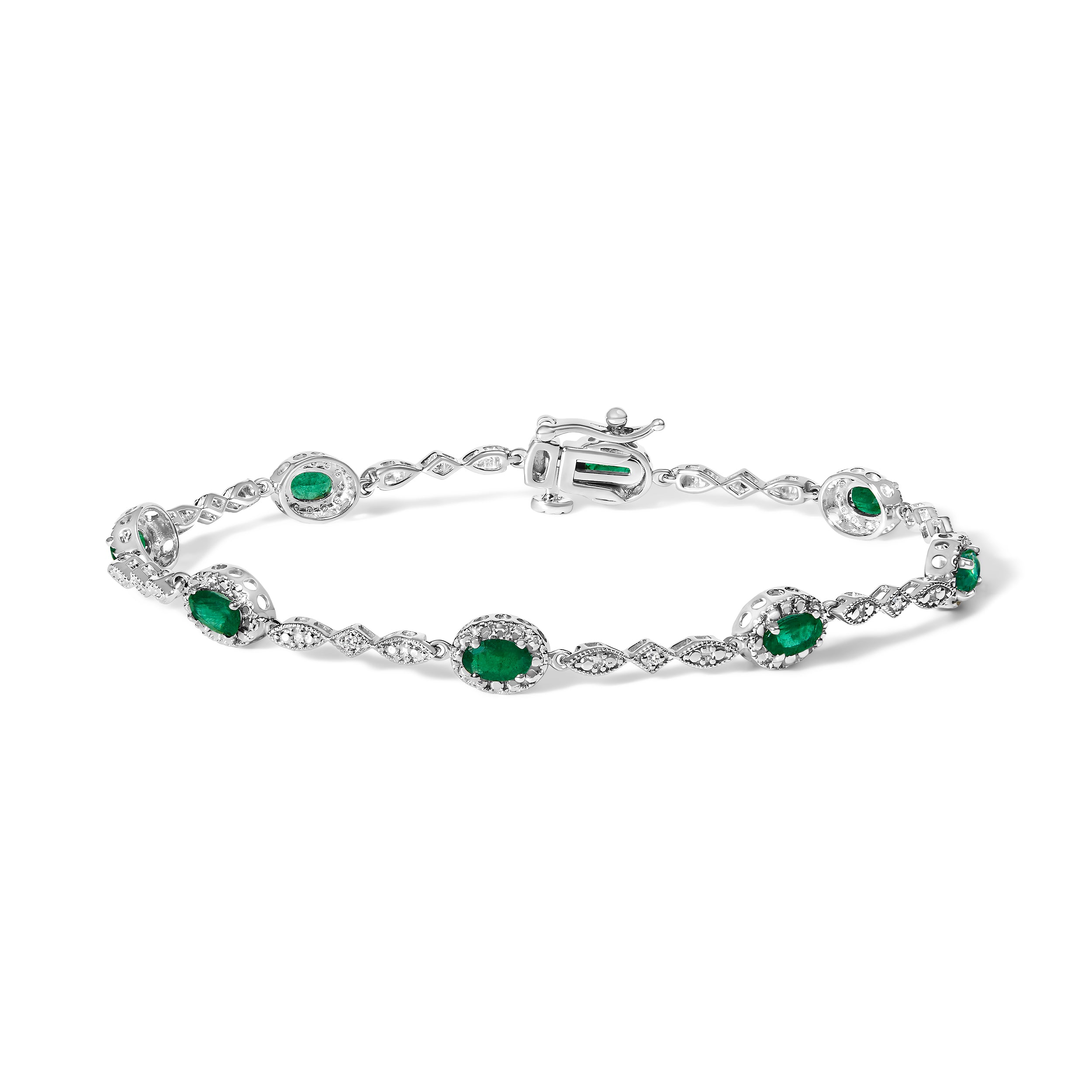 10K White Gold Oval Green Emerald & Diamond Alternating Link Bracelet DestGlow