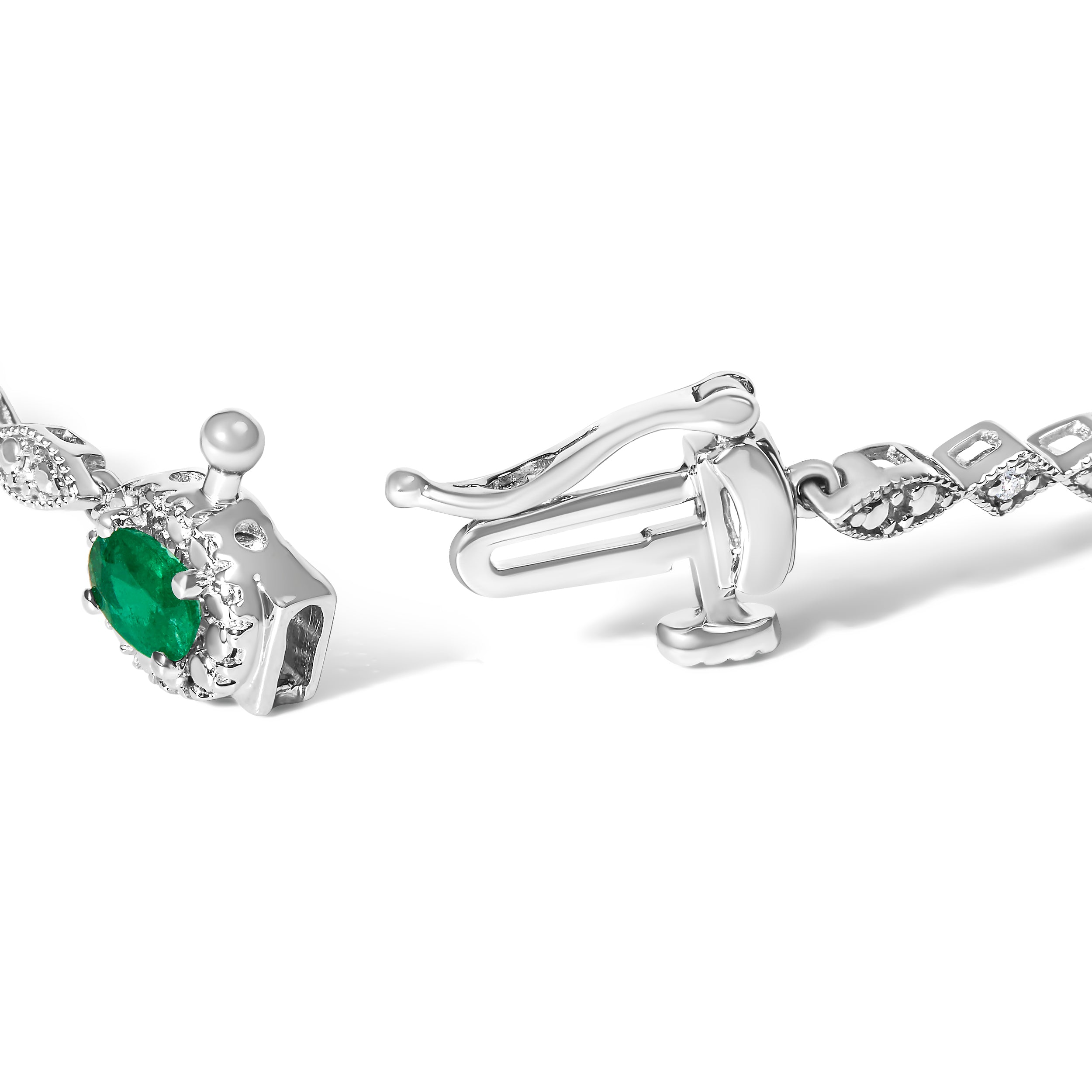 10K White Gold Oval Green Emerald & Diamond Alternating Link Bracelet DestGlow