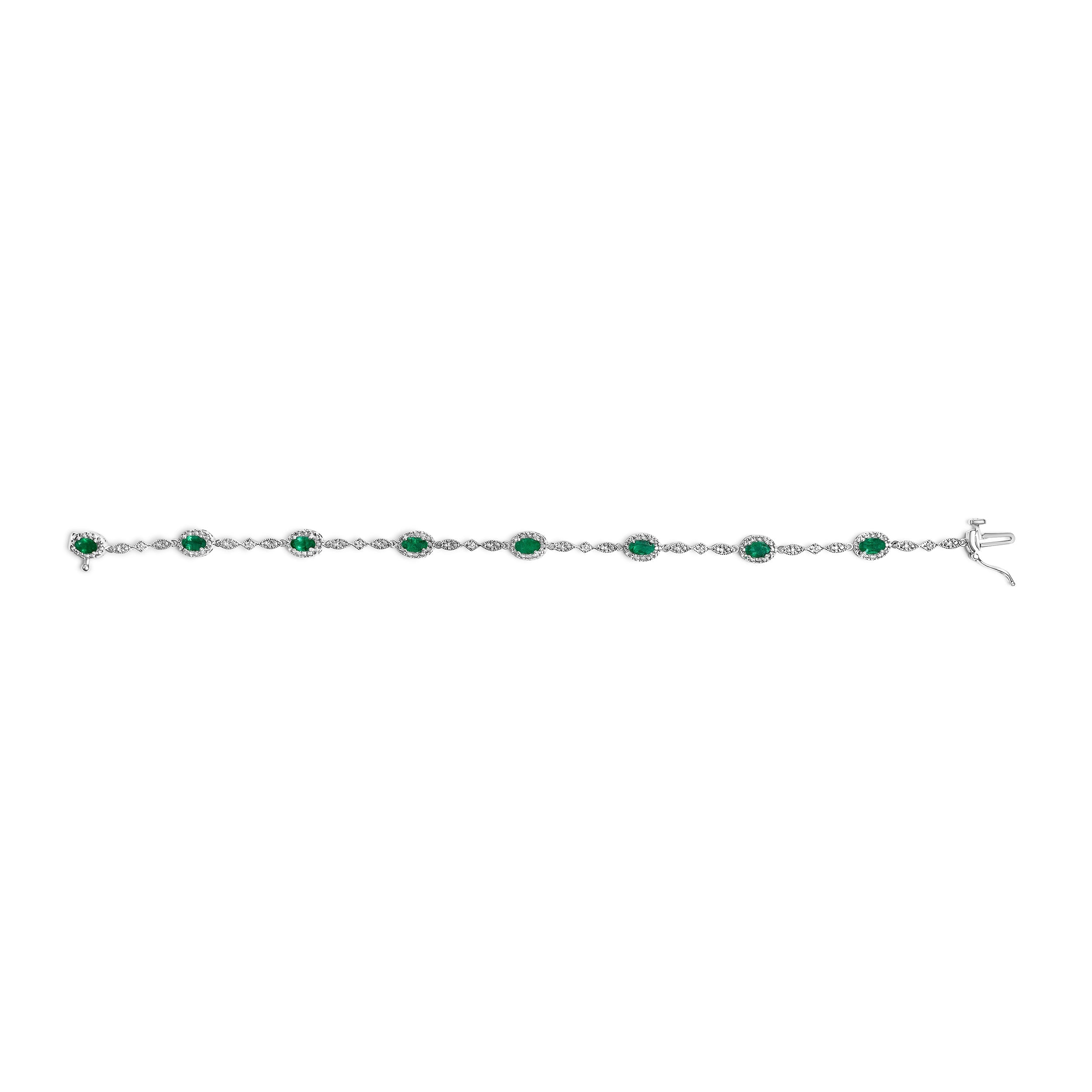 10K White Gold Oval Green Emerald & Diamond Alternating Link Bracelet DestGlow