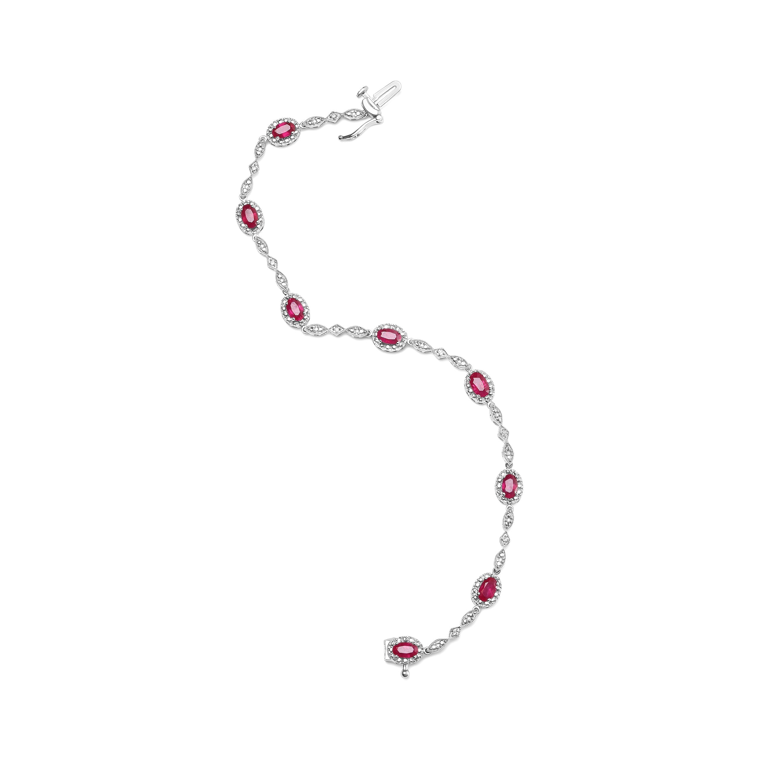 10K White Gold 4.5mm x 3mm Oval Ruby and Diamond Link Bracelet (H-I Color, SI1-SI2 Clarity) - Size 7" DestGlow