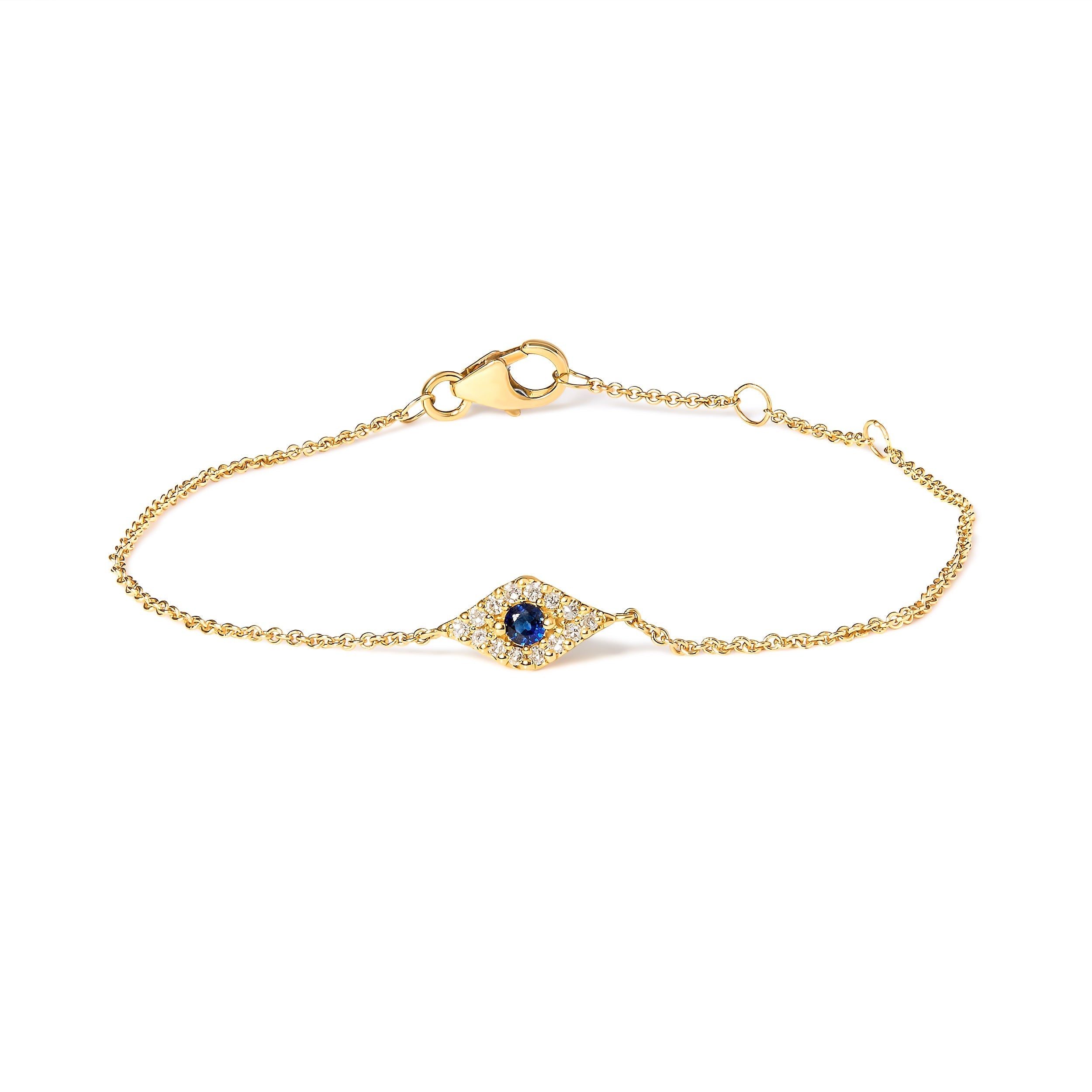 10K Yellow Gold Blue Sapphire and Diamond Accent Evil Eye Station Link Bracelet (H-I Color, I1-I2 Clarity) - Size 7" DestGlow