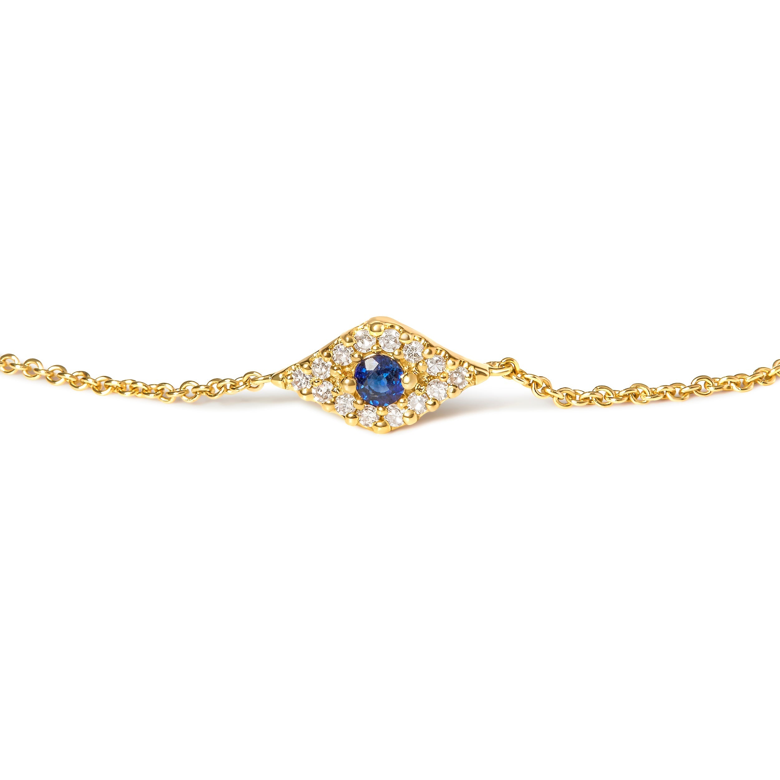 10K Yellow Gold Blue Sapphire and Diamond Accent Evil Eye Station Link Bracelet (H-I Color, I1-I2 Clarity) - Size 7" DestGlow