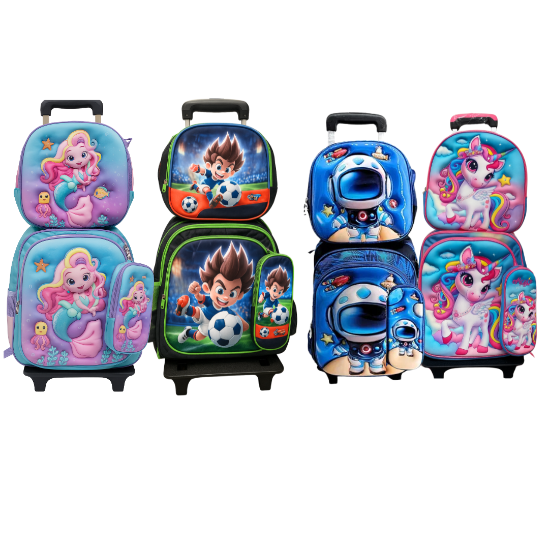 Kids 3D 4-Piece Rolling Backpack Combo - Assorted Designs (4ct) DestGlow