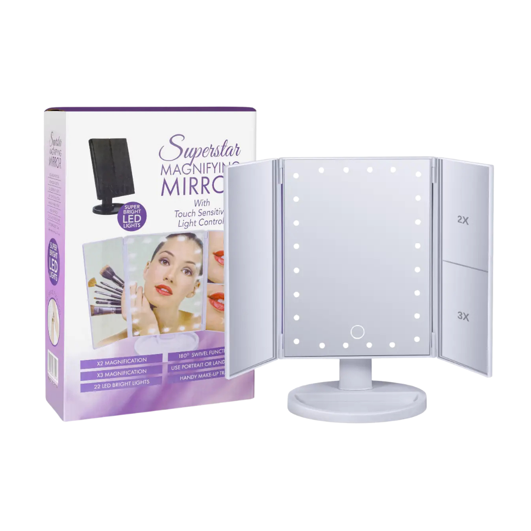 Superstar Tri-Fold LED Makeup Mirror with Magnification (White) DestGlow