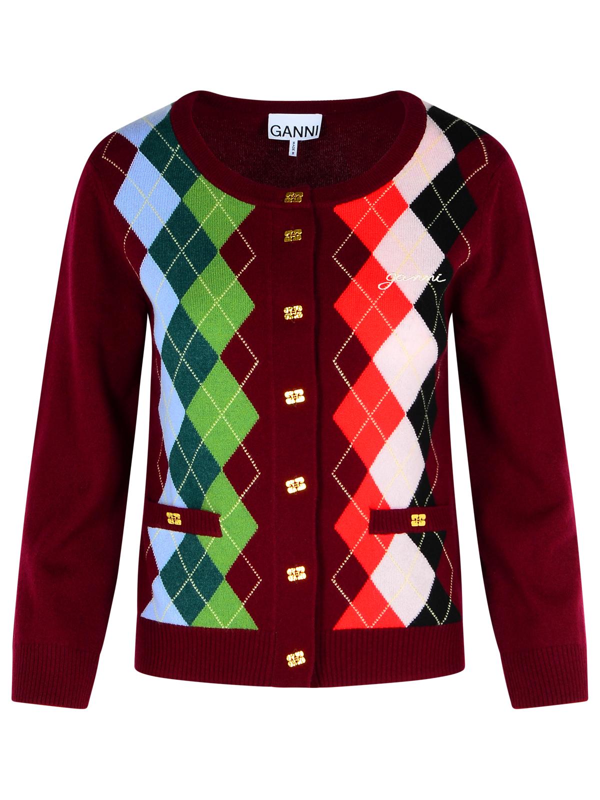 Ganni Burgundy Merino Wool Blend Check Cardigan Women
