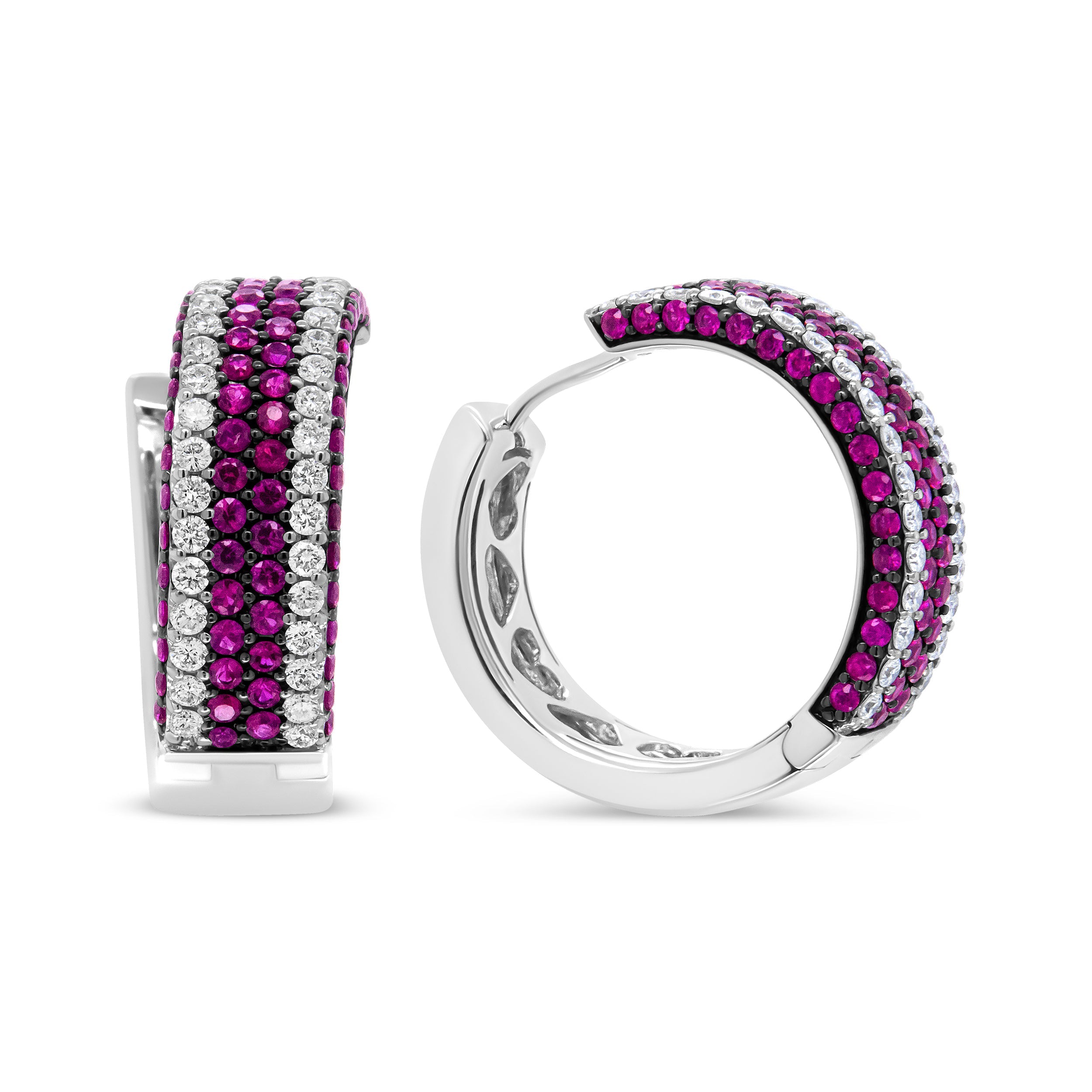 18K White Gold 1 7/8 Cttw Diamond and 1mm Round Red Ruby Open Swish Hoop Earrings (F-G Color, VS1-VS2 Clarity) by Bids.com