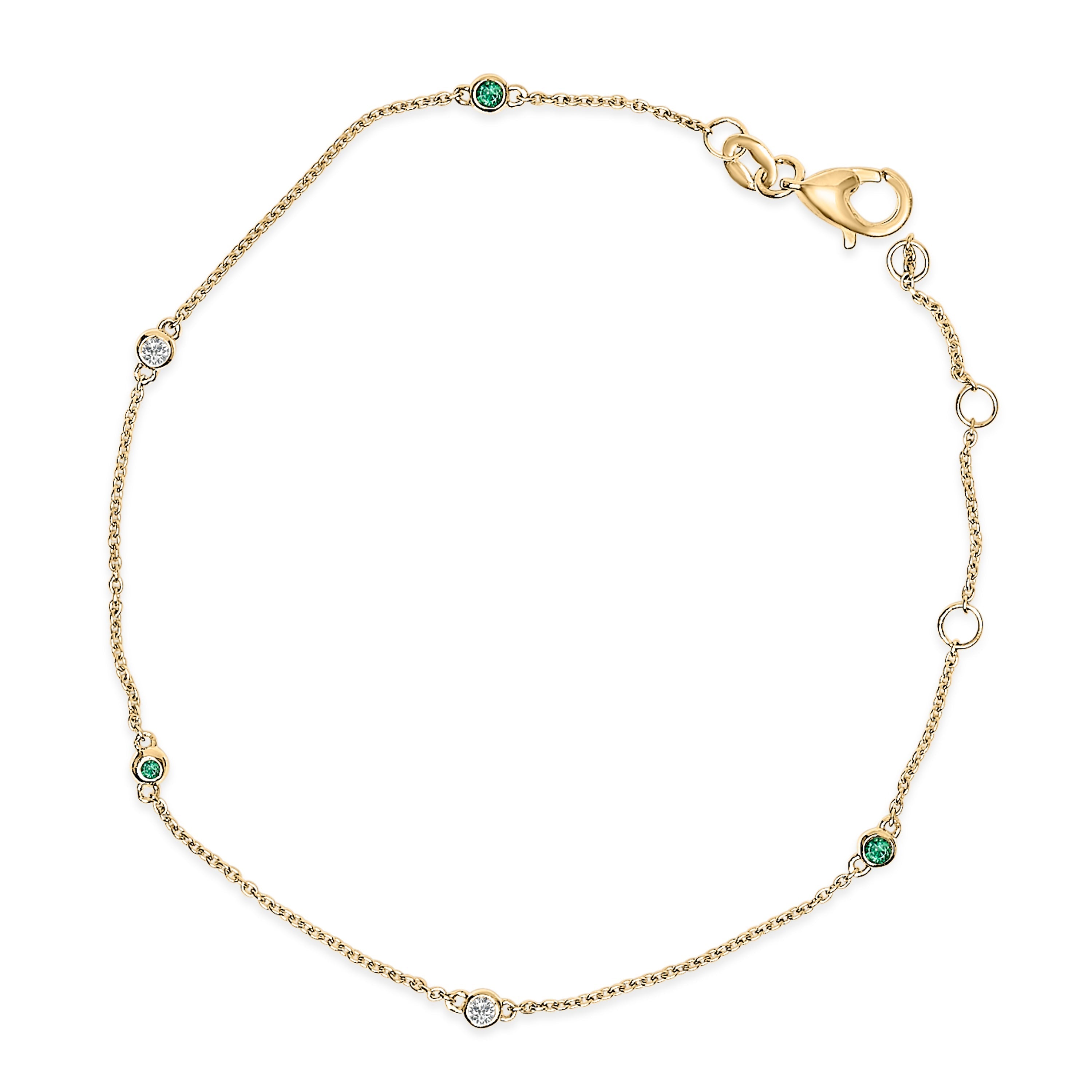 14K Yellow Gold Alternating Green Emerald and Diamond Bezel Station Chain Bracelet - Size 7.5 inch DestGlow