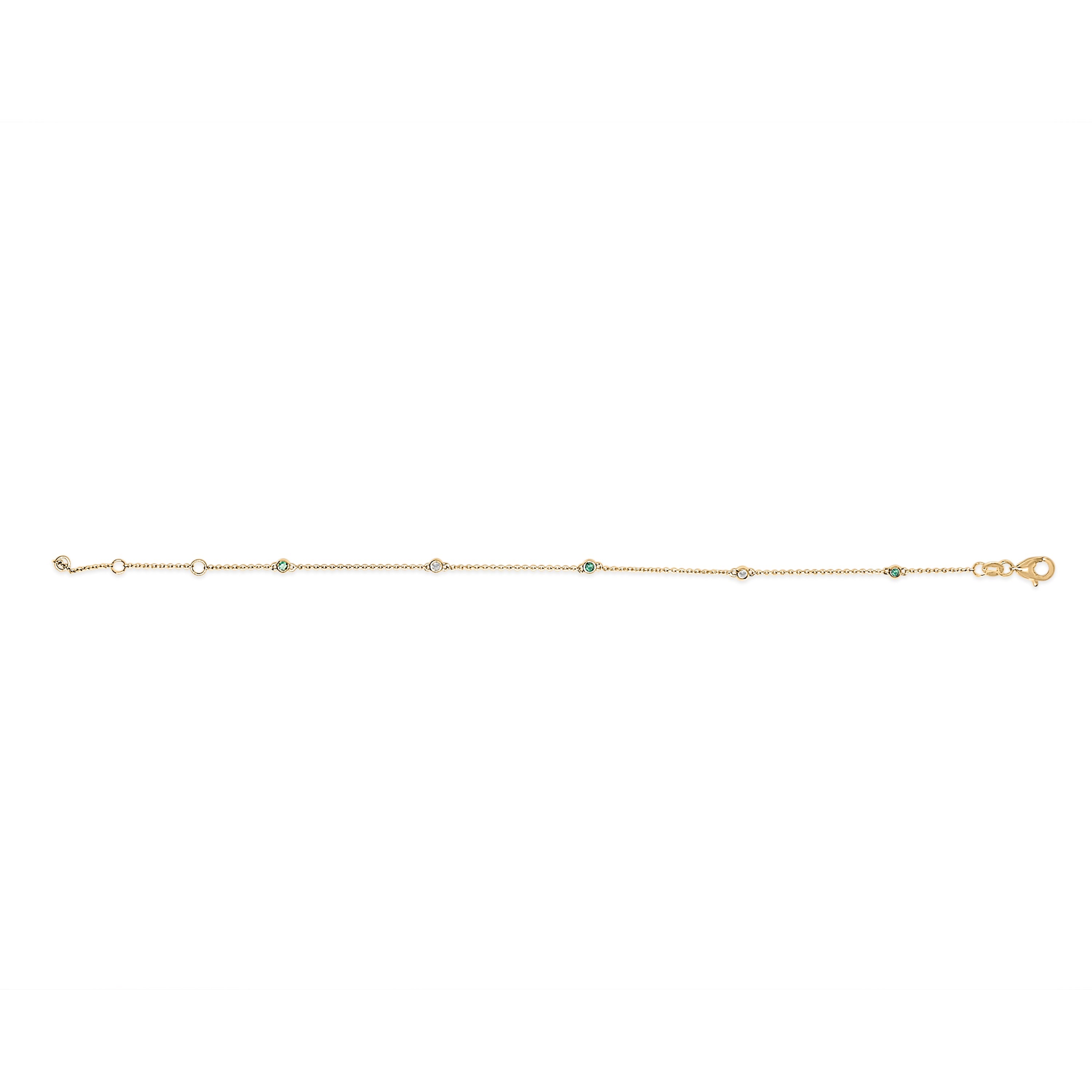 14K Yellow Gold Alternating Green Emerald and Diamond Bezel Station Chain Bracelet - Size 7.5 inch DestGlow