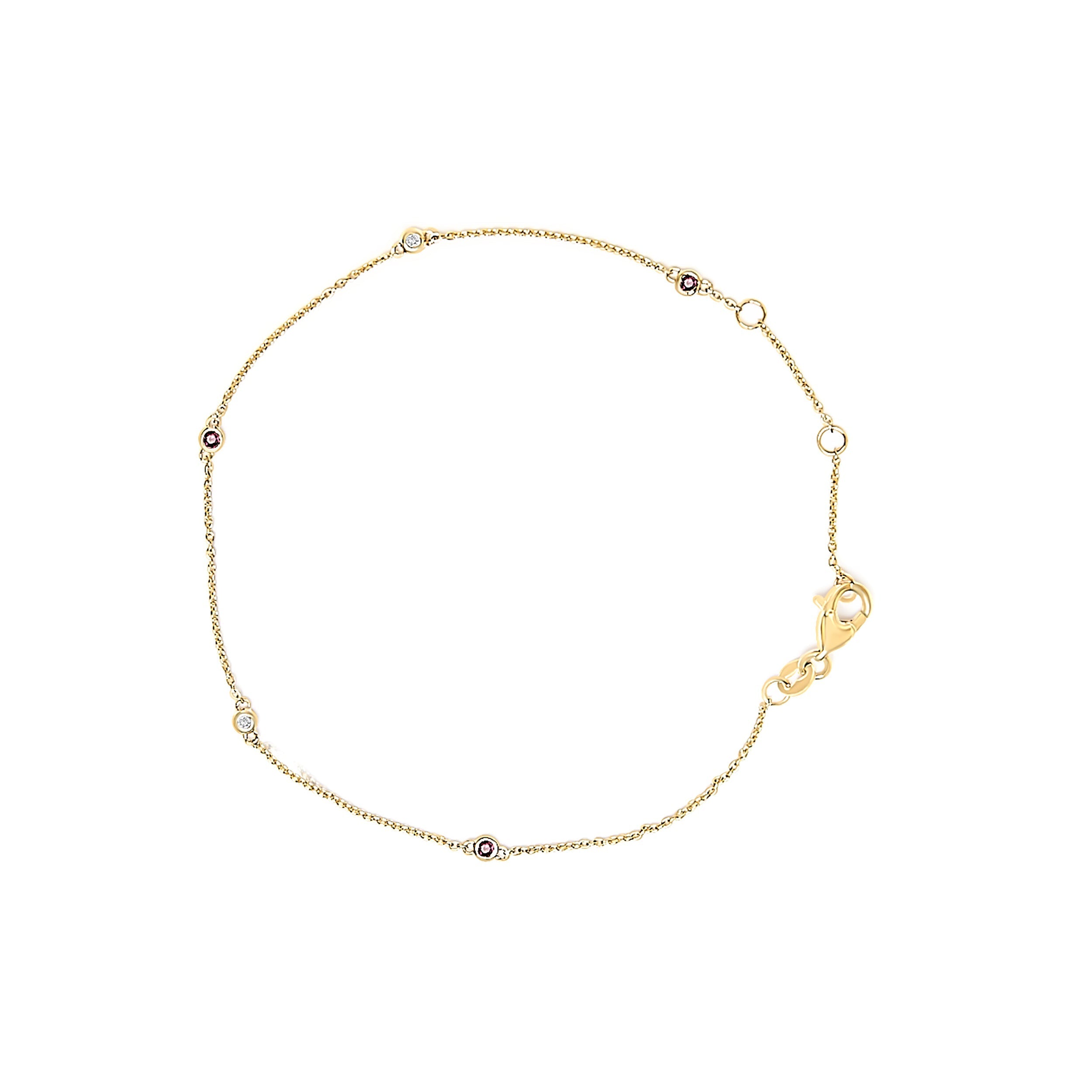 14K Yellow Gold Alternating Red Ruby and White Diamond Bezel Station Chain Bracelet (I-J Color, SI2-I1 Clarity) - 7.5" Inches DestGlow