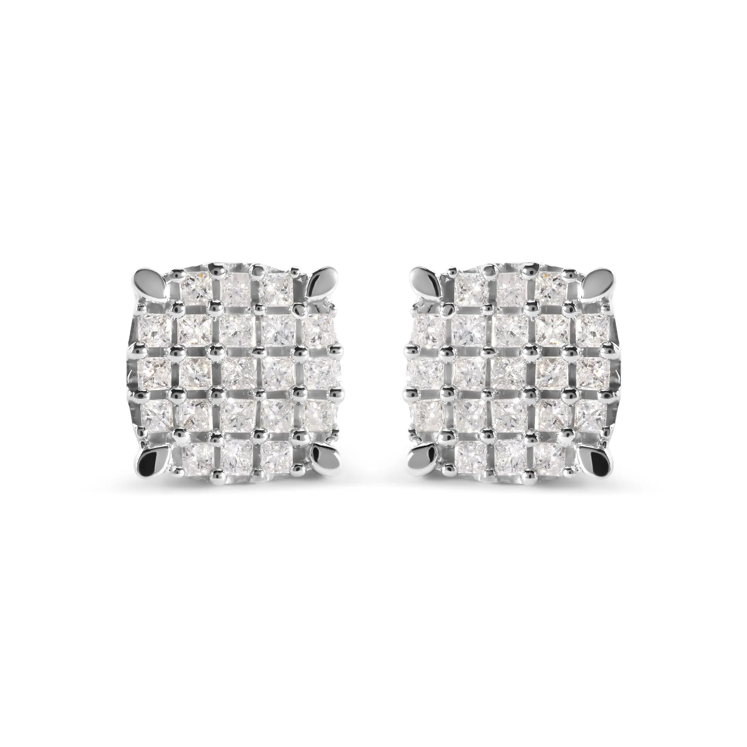10K White Gold 3/4 Cttw Princess Diamond Composite Cushion Shape Stud Earrings (I-J Color, I1-I2 Clarity)
