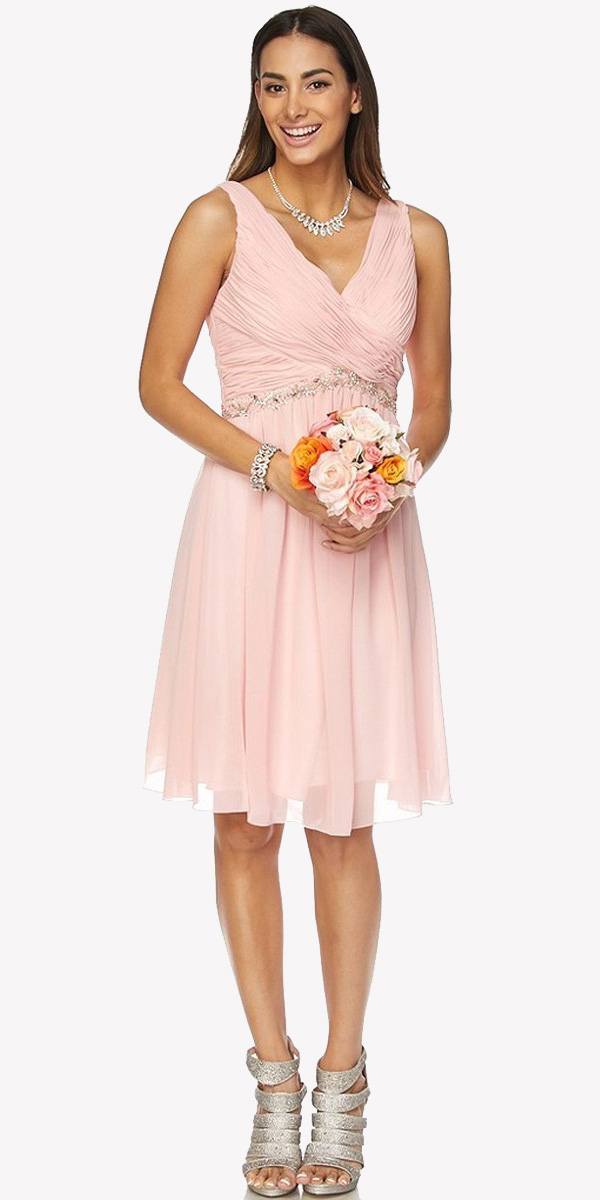 Juliet 786 Ruched V-Neck Cocktail Dress Embellished Waist by DiscountDressShop