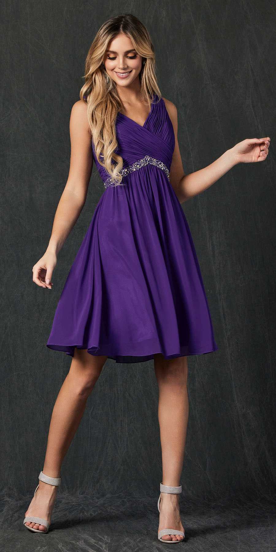 Juliet 786 Ruched V-Neck Cocktail Dress Embellished Waist by DiscountDressShop