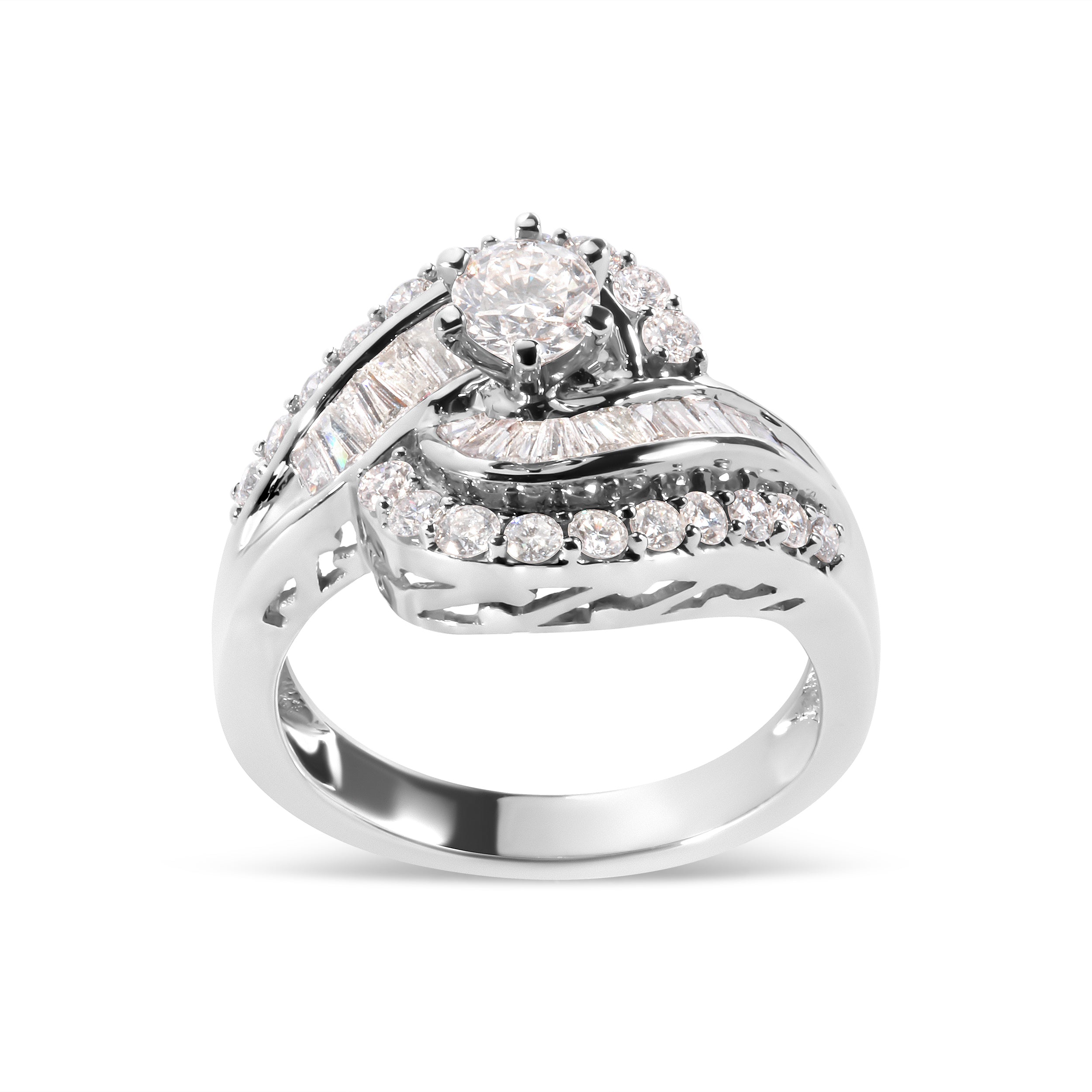 14K White Gold 1.00 Cttw Round and Baguette cut Diamond Swirl Cocktail Ring (H-I Color, SI2-I1 Clarity) - Ring Size 7 DestGlow