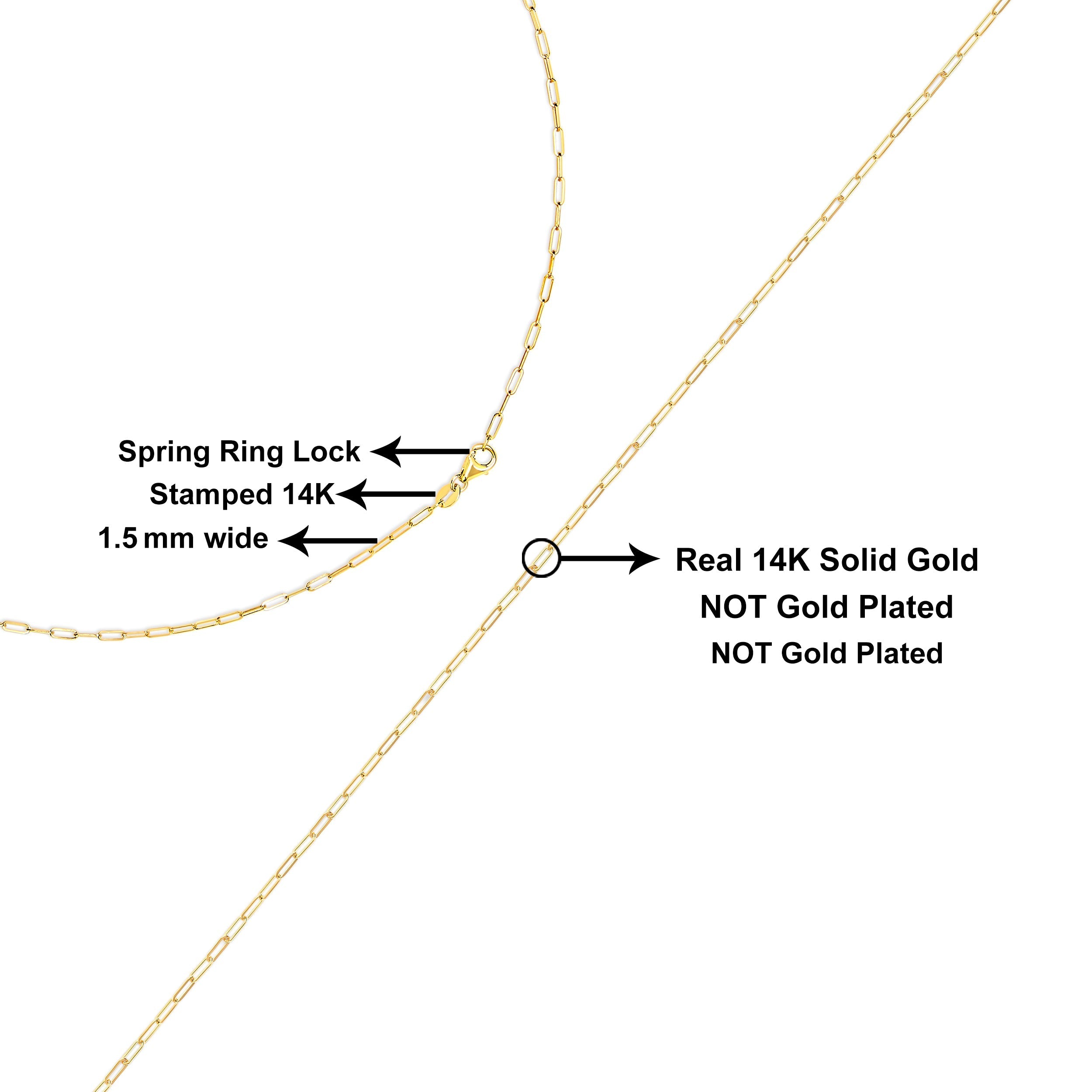 Unisex Solid 14K Yellow Gold 1.5mm Paperclip Chain Necklace - 18 Inches DestGlow