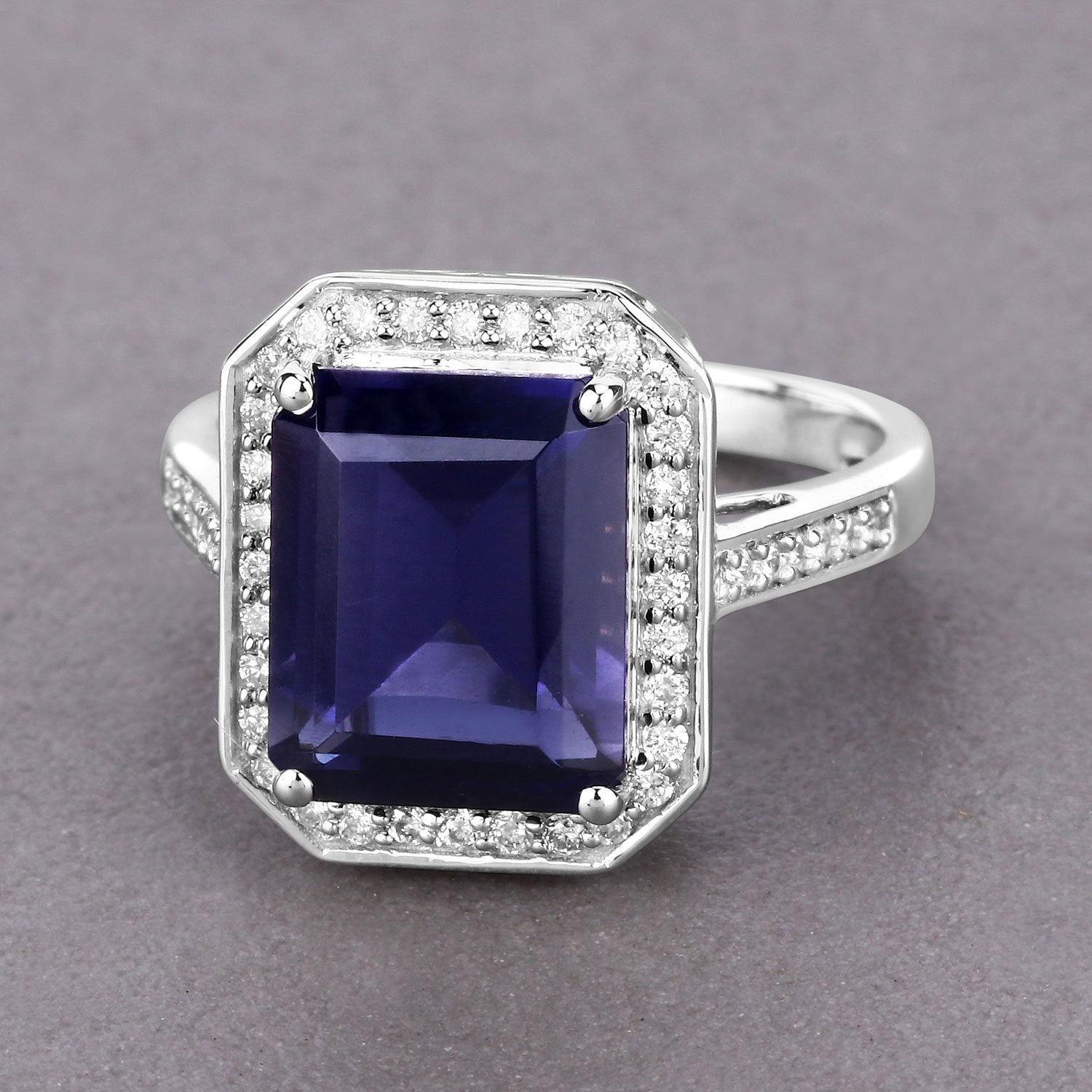 3.70 Carat Genuine Iolite and White Diamond 14K White Gold Ring by Bids.com
