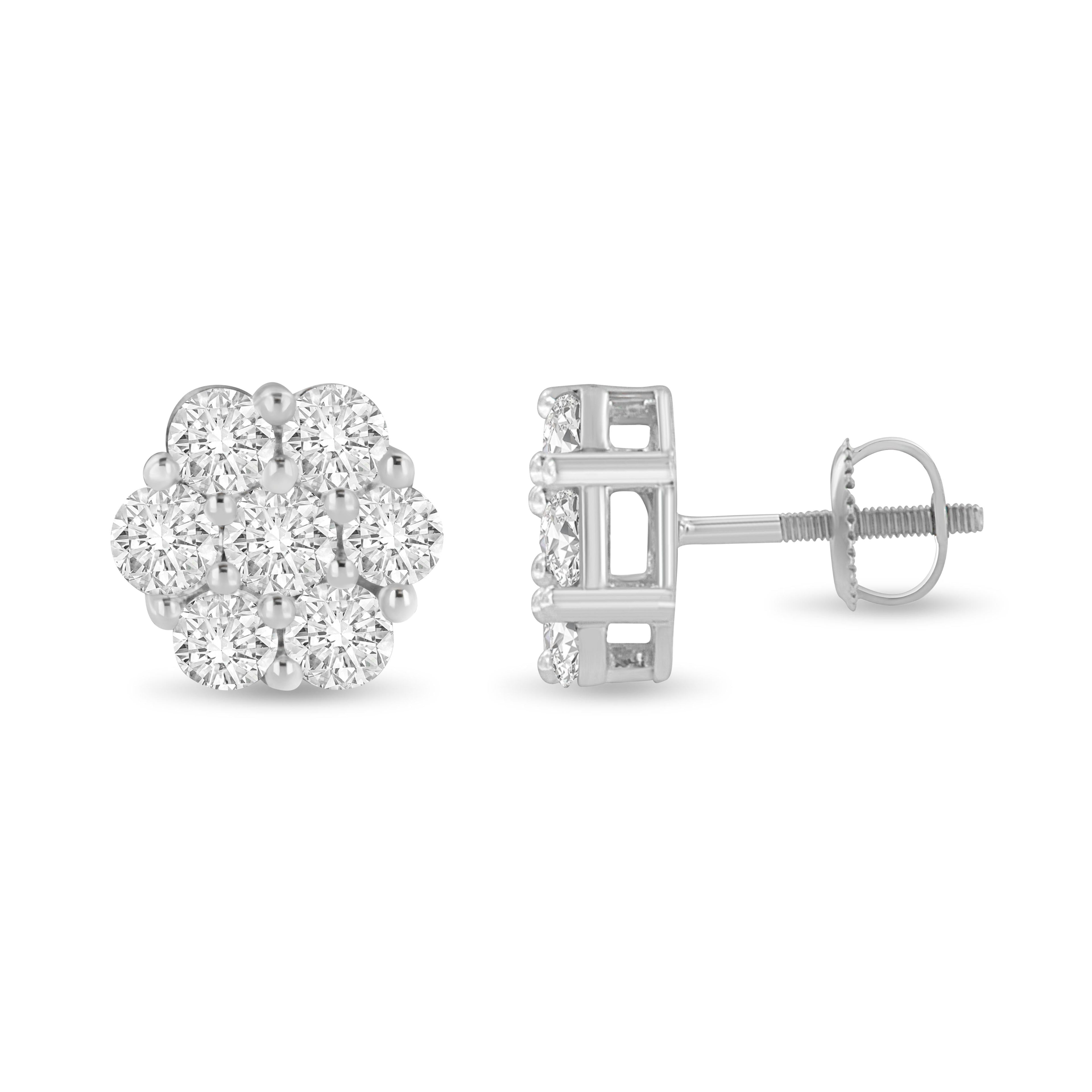 14K White Gold 3 cttw Prong Set Round-Cut Diamond Floral Cluster Stud Earring (I-J Color, SI1-SI2 Clarity) by Bids.com
