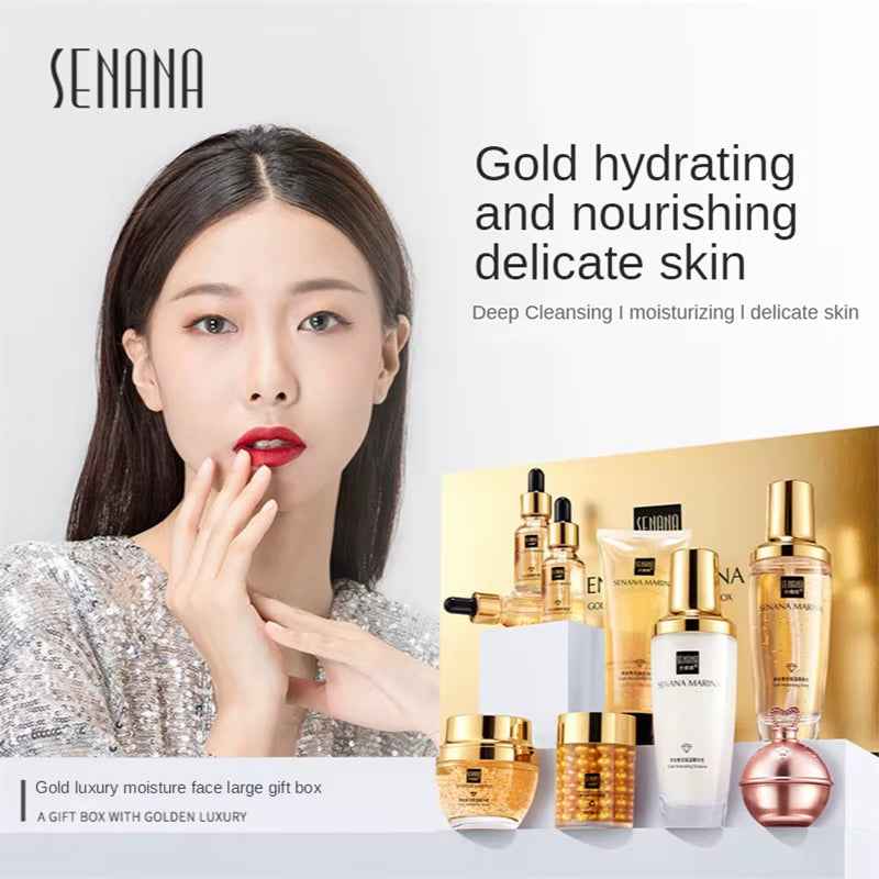 Women 24K Gold Skin Care Set 9PCS with Box Face Toner Essence Cream Nicotinamide Anti-Aging Wrinkles Serum Facial Cleanser Kit
