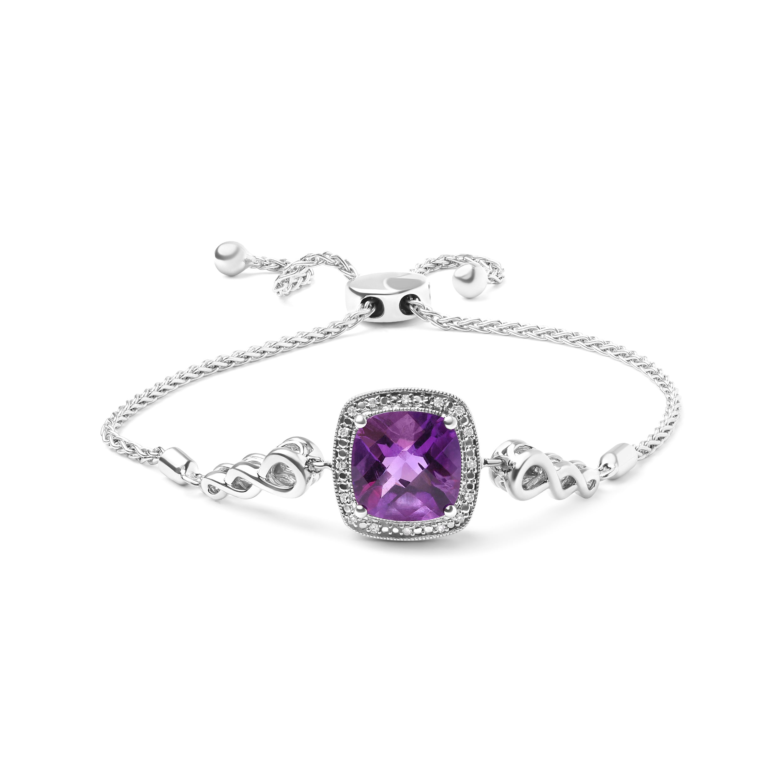 .925 Sterling Silver 10mm Cushion Cut Amethyst Gemstone and Diamond Accent Lariat 4â€-10†Adjustable Bolo Bracelet (H-I Color, SI1-SI2 Clarity) DestGlow