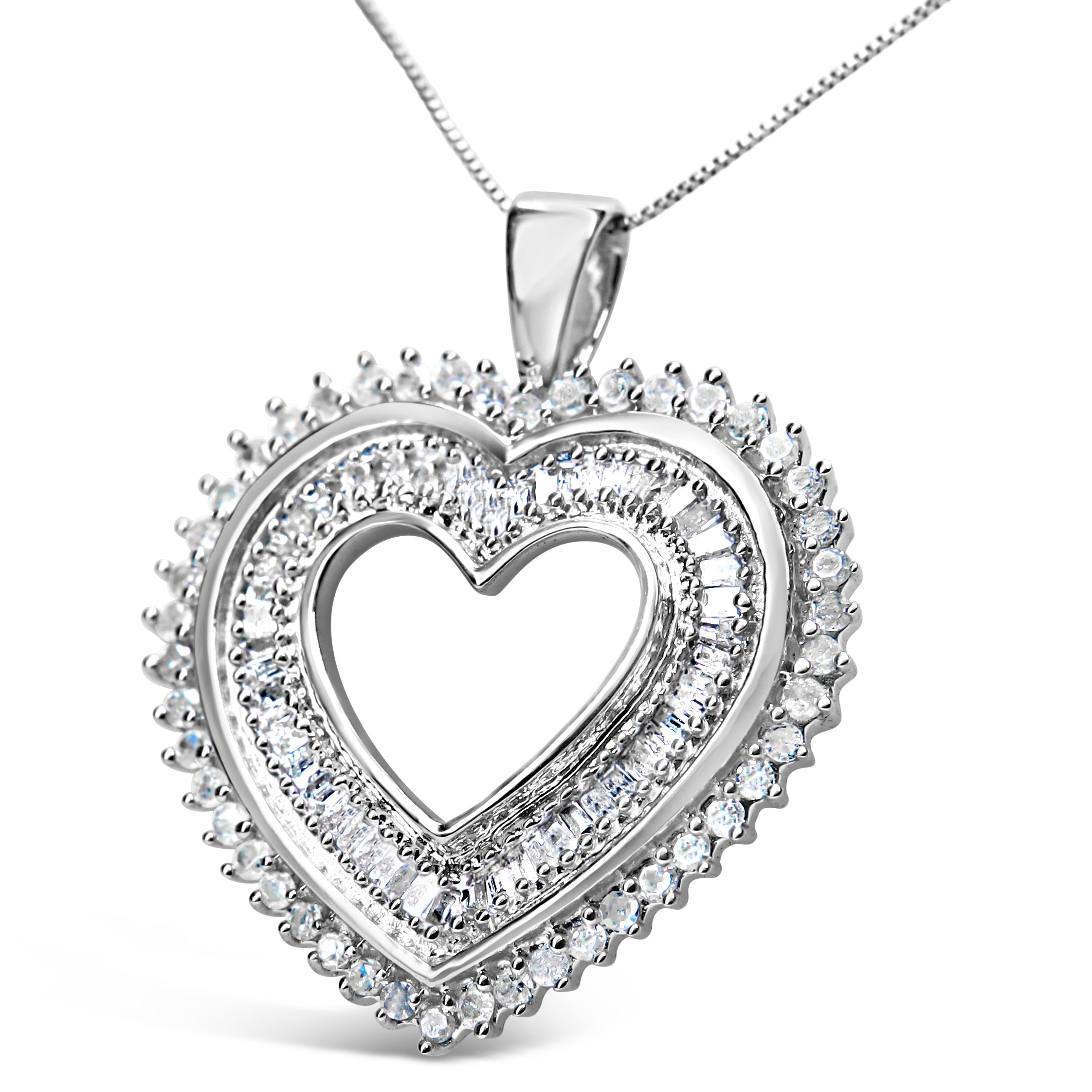 .925 Sterling Silver 1.0 Cttw Baguette and Round Diamond Heart Pendant 18" Necklace (H-I Color, I3 Clarity) by Bids.com