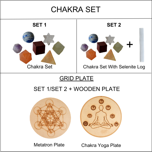 Chakra Crystals Geometric Set, 7 Chakra Plato Stones with Wooden Grid Plate, Selenite Log DestGlow