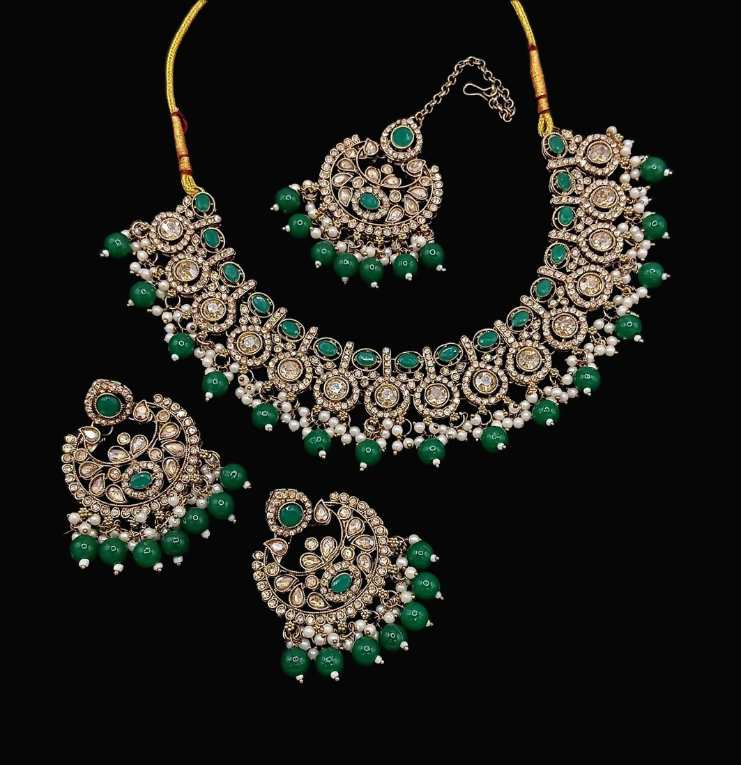 Joban Fashion Green Stone Work Necklace Set