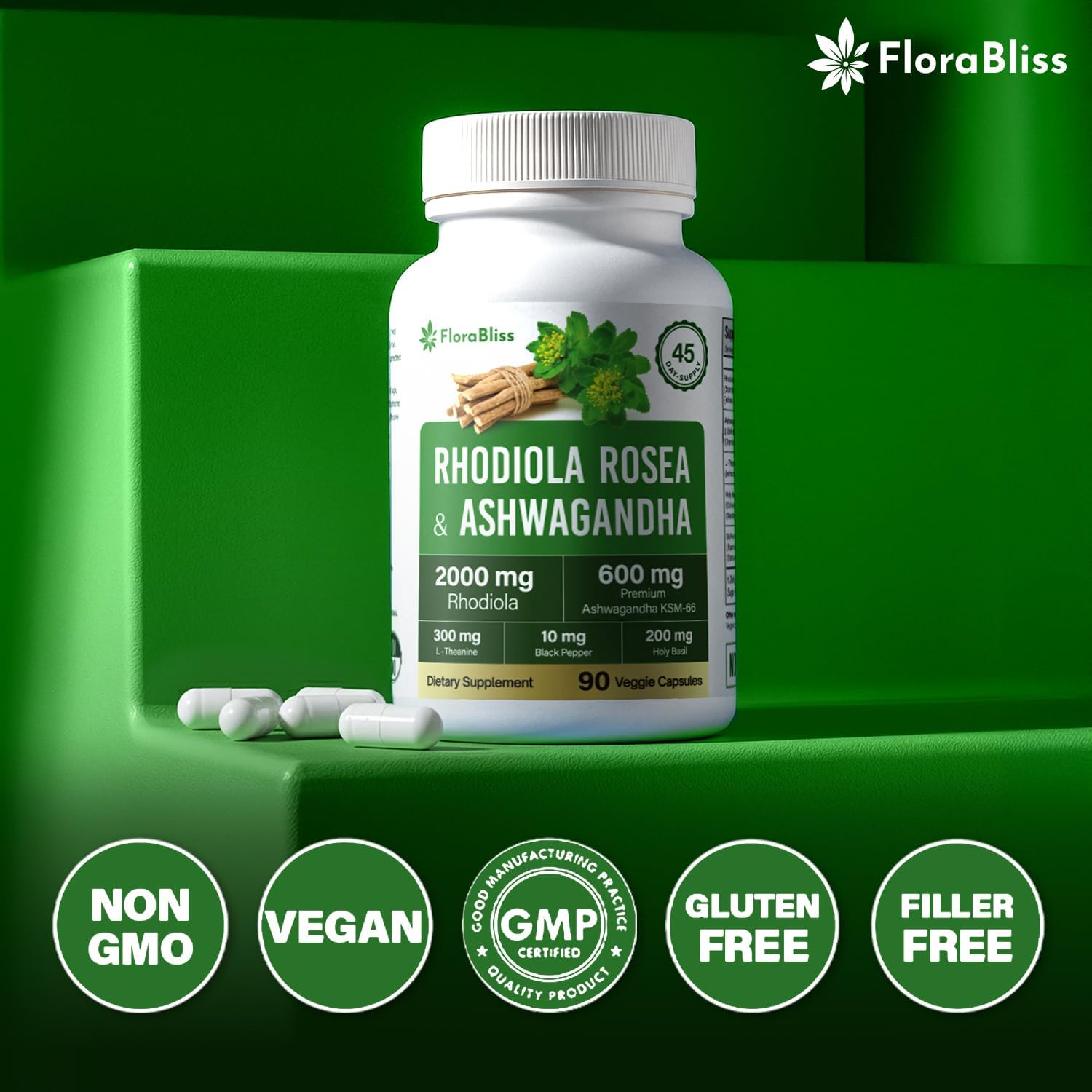 Rhodiola Rosea 2000mg with Ashwagandha KSM-66, L-Theanine, Holy Basil & BioPerine - High Potency Vegan Capsules by FreshDrinkUS - Natural and Premium Herbal Tea