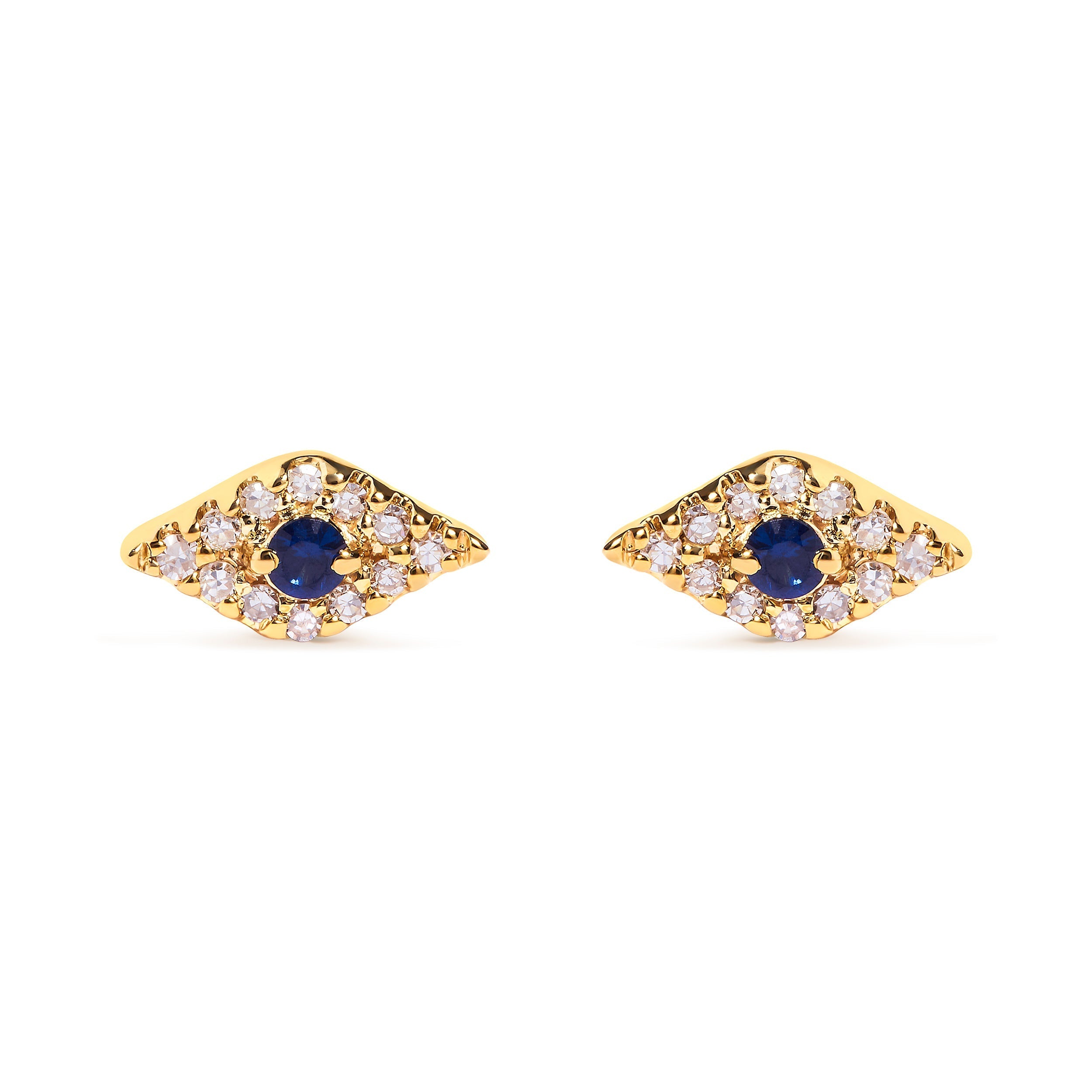 10K Yellow Gold Blue Sapphire and Diamond Accent Evil Eye Stud Earring (H-I Color, I1-I2 Clarity) DestGlow