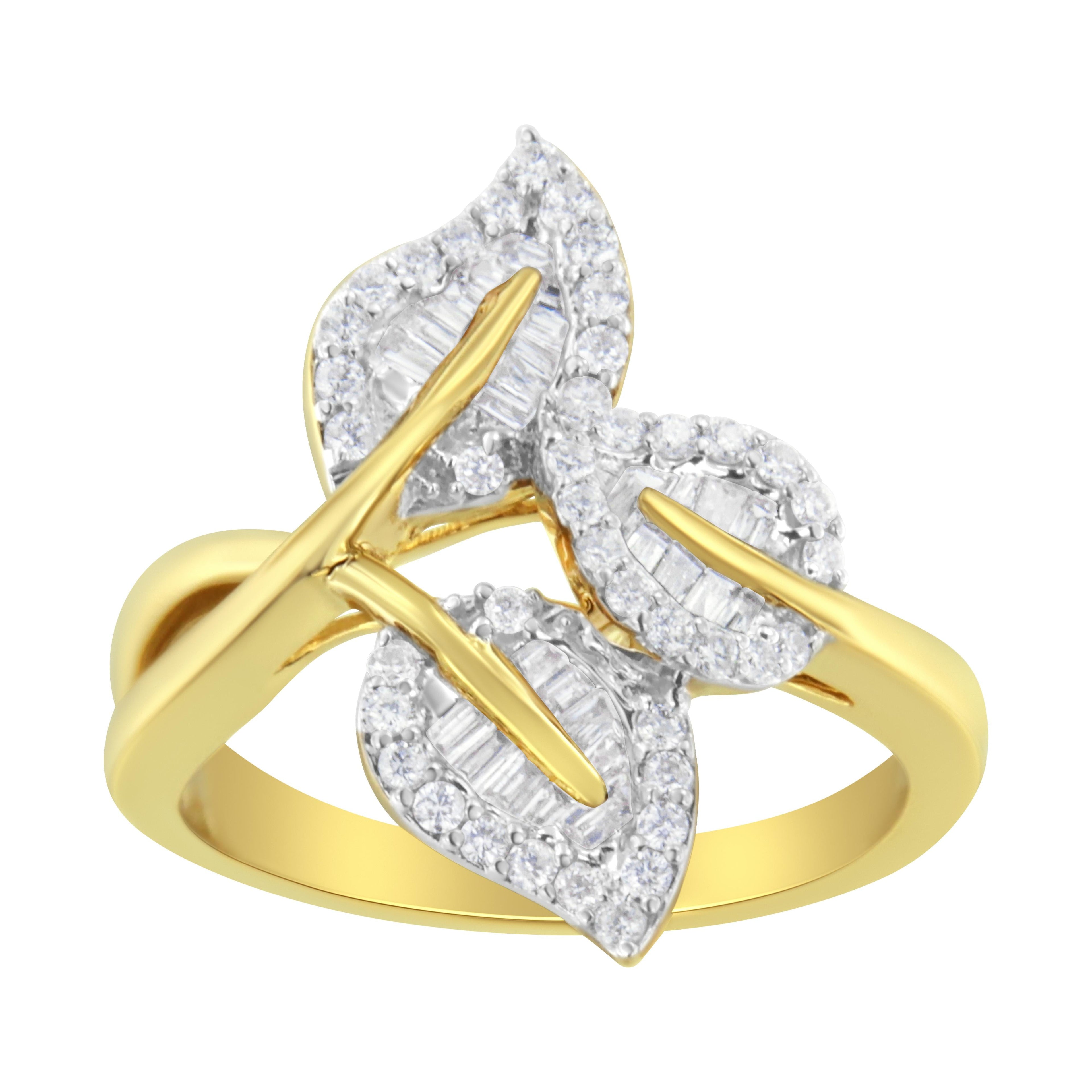 10k Yellow and White Gold 1/2 Cttw Baguette and Round Diamond Bypass Triple Leaf Ring (I-J Color, I1-I2 Clarity) - Size 7 by Bids.com