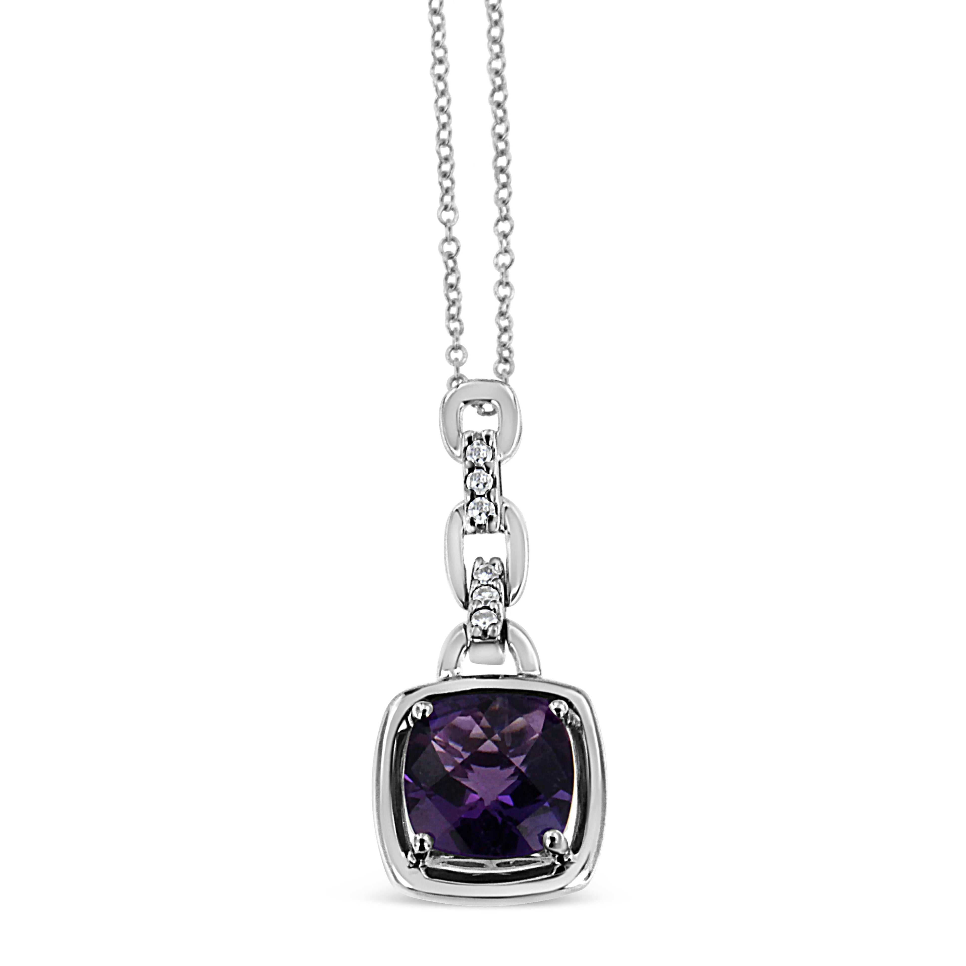 .925 Sterling Silver 6x6MM Cushion Shaped Natural Purple Amethyst and Diamond Accented Bale 18" Inch Pendant Necklace (I-J Color, I1-I2 Clarity) DestGlow