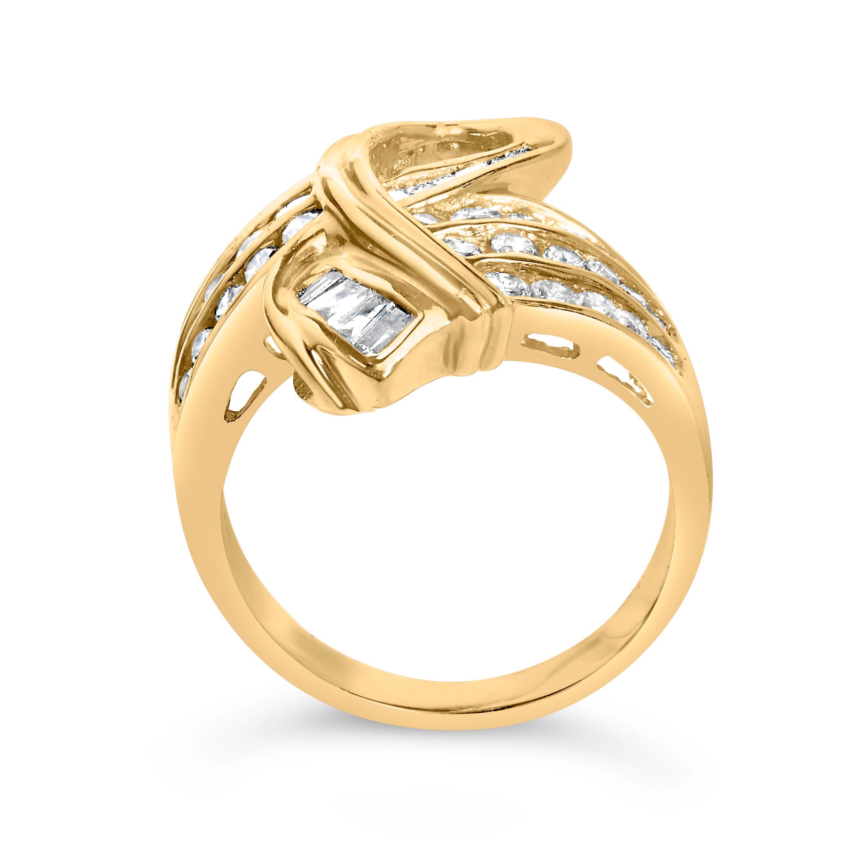 14K Yellow Gold 1 1/3 Cttw Channel Set Diamond Bypass Cocktail Ring (J-K Color, I1-I2 Clarity) - Ring Size 7 by Bids.com