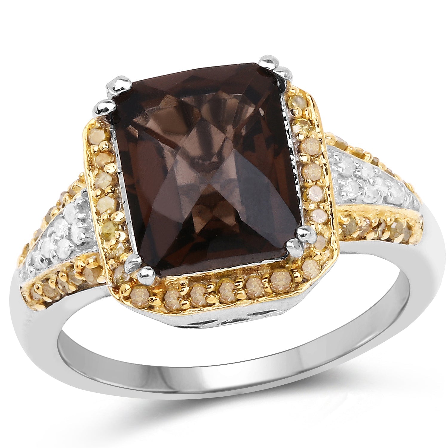 3.48 Carat Genuine Smoky Quartz, Yellow Diamond and White Diamond .925 Sterling Silver Ring by Bids.com