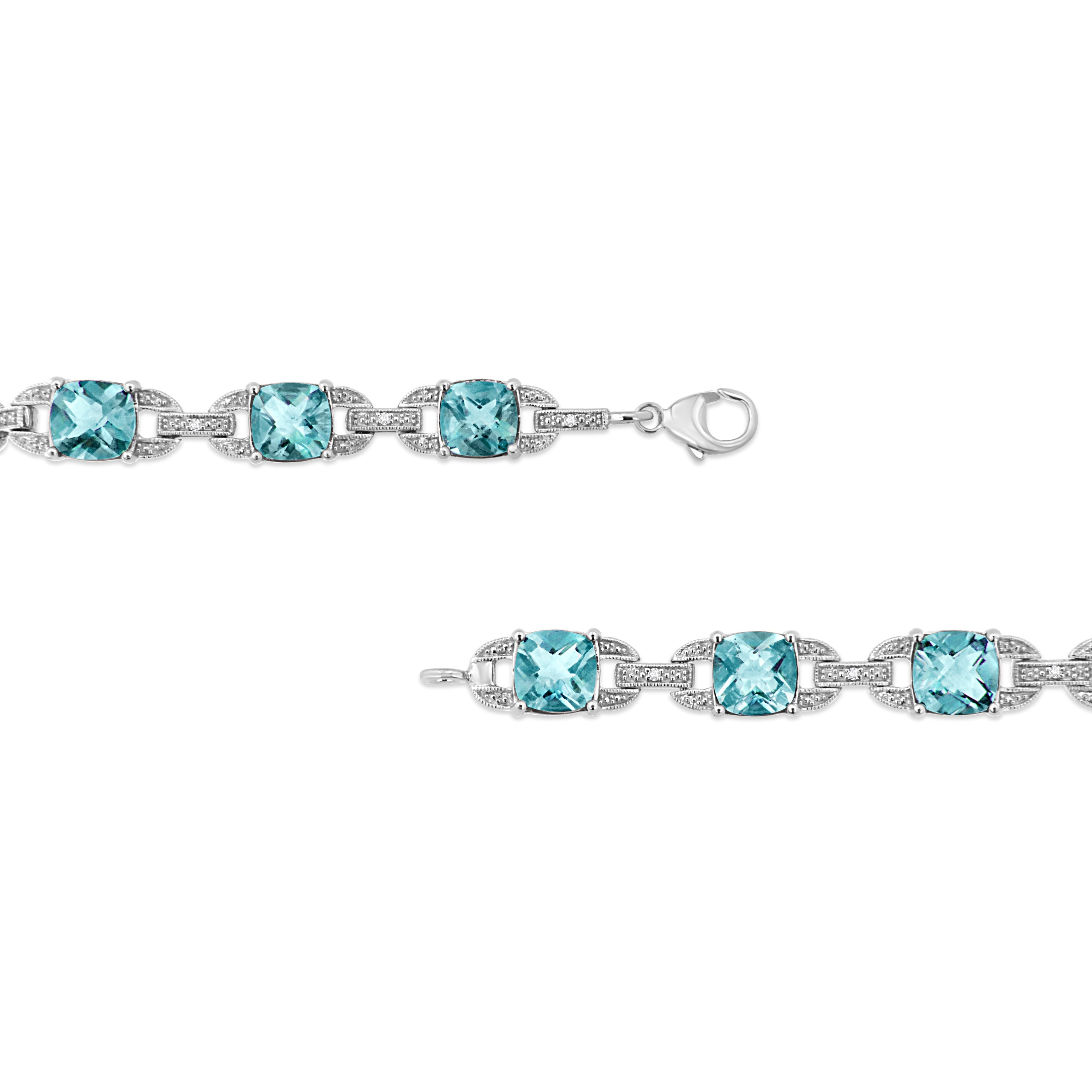 .925 Sterling Silver 7x7 mm Cushion Cut Blue Topaz and 1/20 cttw Round Cut Diamond Fashion Tennis Bracelet (I-J Color, I1-I2 Clarity) - 7" DestGlow