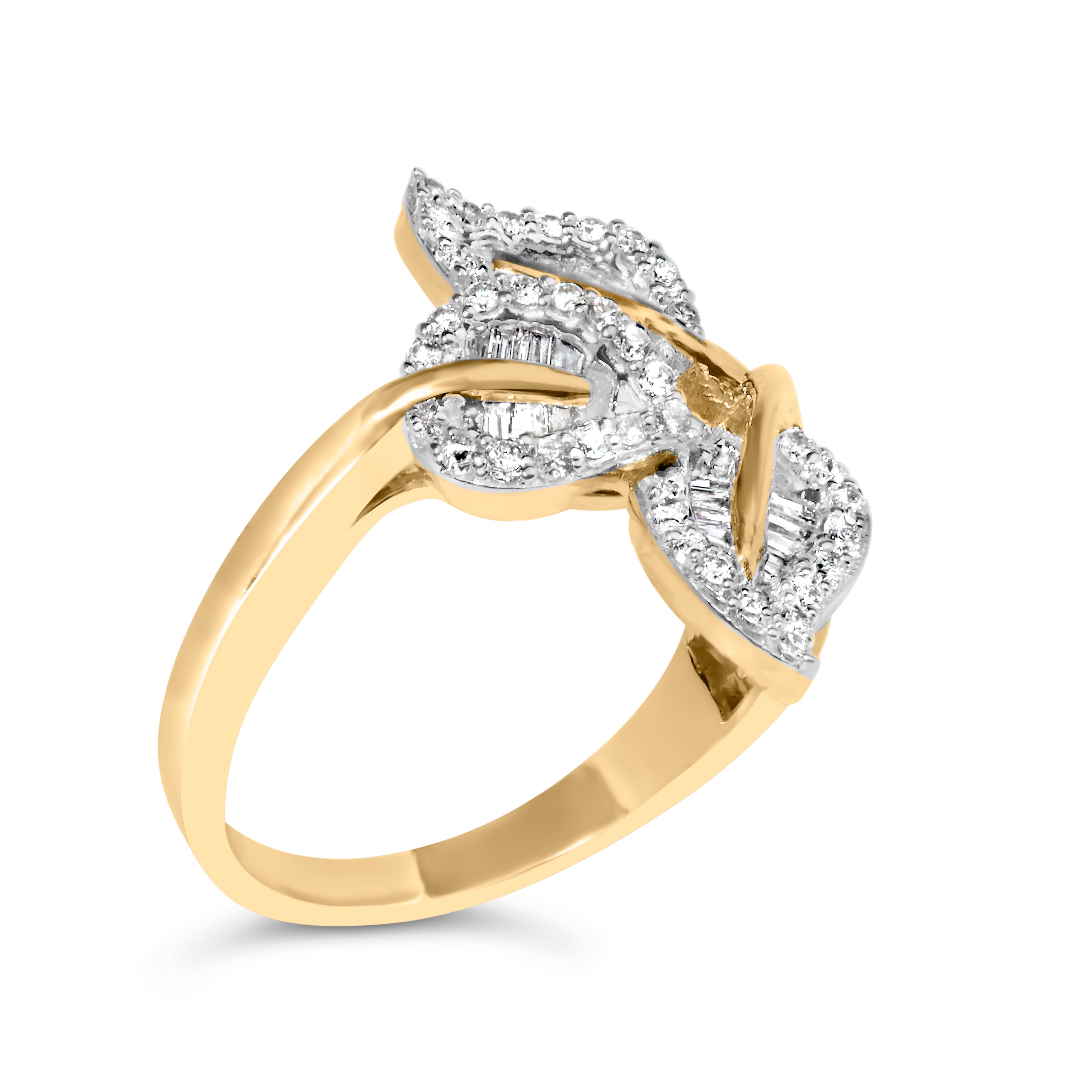18K Yellow Gold Plated .925 Sterling Silver 1/2 Cttw Baguette and Round Diamond Bypass Triple Leaf Ring (I-J Color, I1-I2 Clarity) - Size 5 by Bids.com