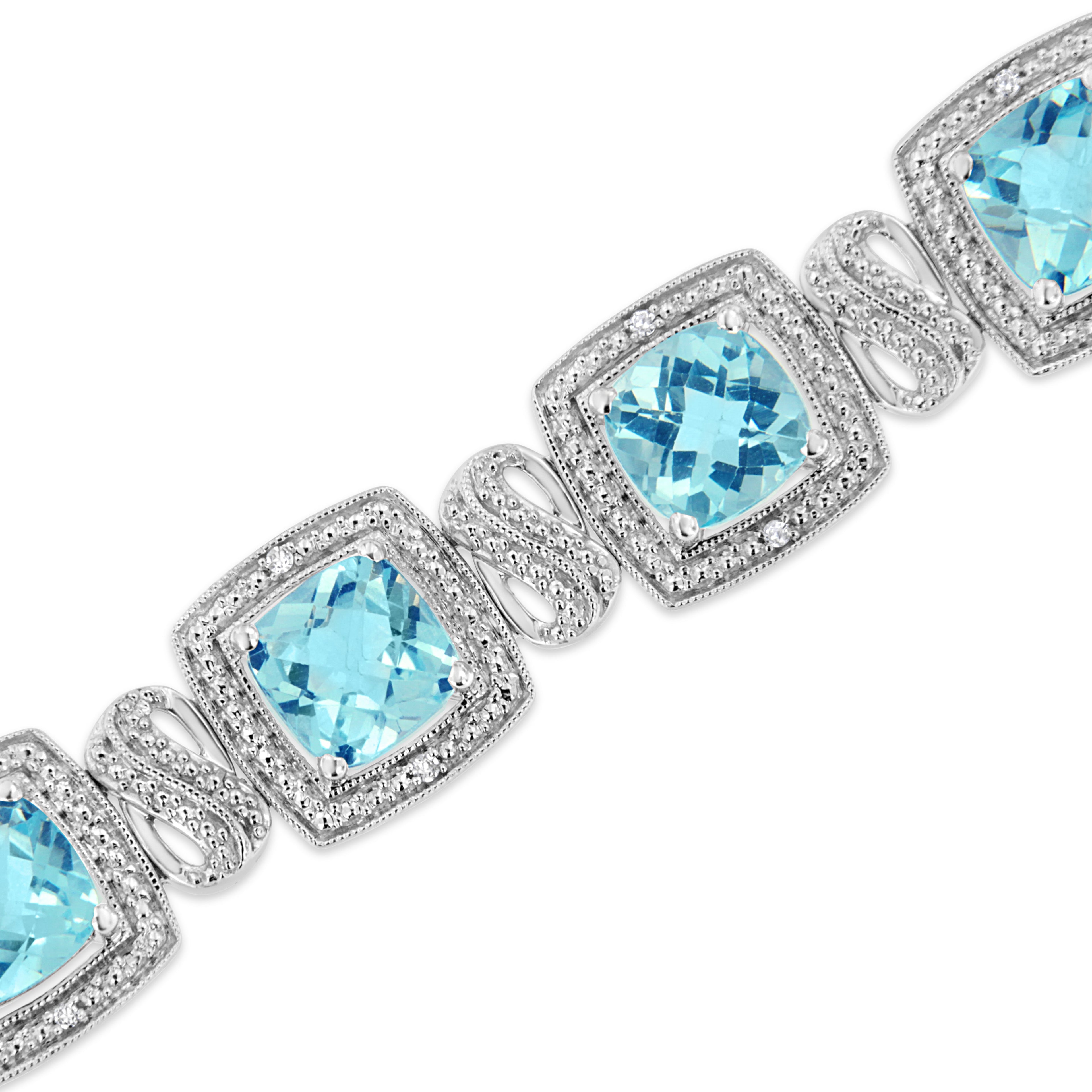 .925 Sterling Silver 7x7 mm Cushion Cut Blue Topaz and 1/10 Ctw Single Cut Diamond Square Shape Tennis Bracelet (I-J Color, I1-I2 Clarity) - 7" DestGlow