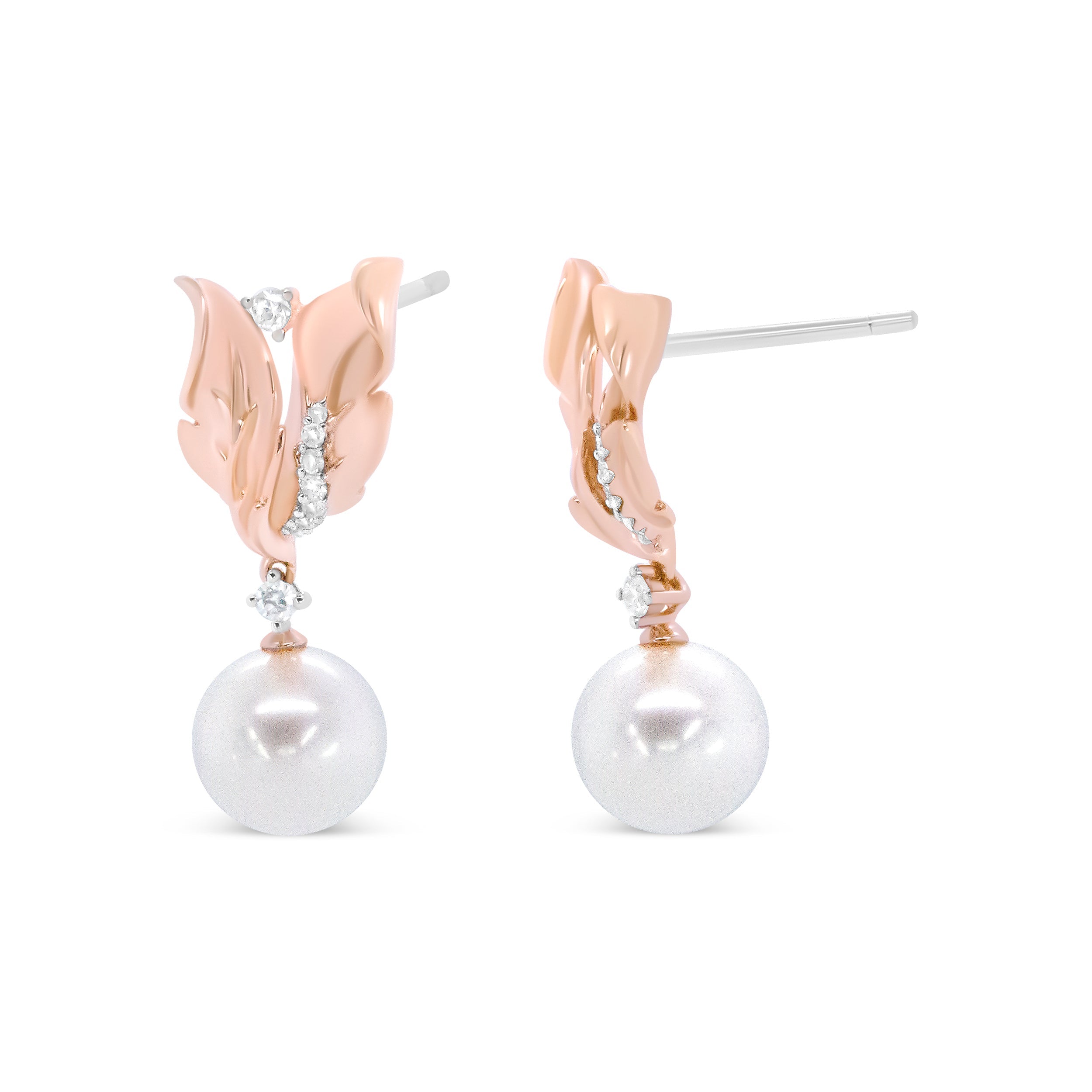 14K Rose Gold 1/6 Cttw Round Diamond and 8mm Round Pearl Floral Drop Stud Earrings (H-I Color, I1-I2 Clarity) DestGlow