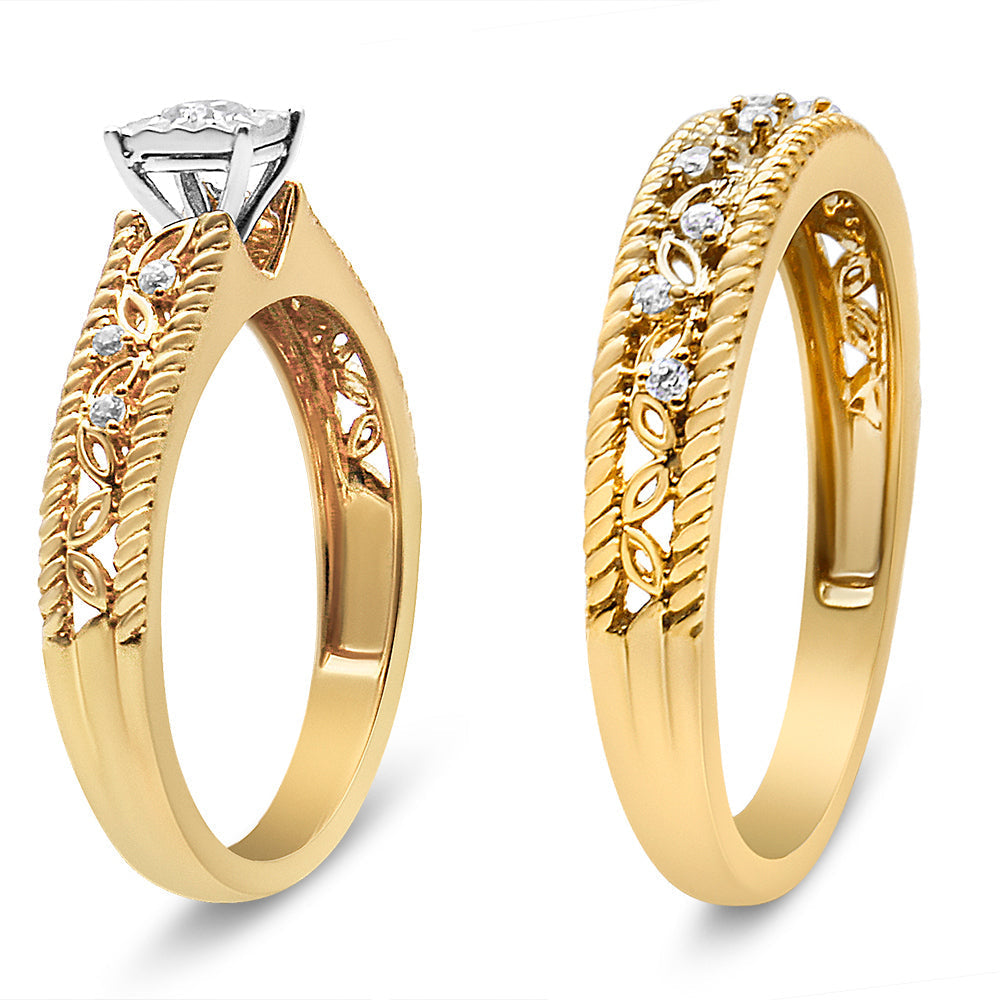 14K Yellow Gold Plated .925 Sterling Silver 1/5 Cttw Diamond Art Deco Style Engagement Ring Bridal Set (I-J Color, I3 Clarity) - Ring Size 7 DestGlow