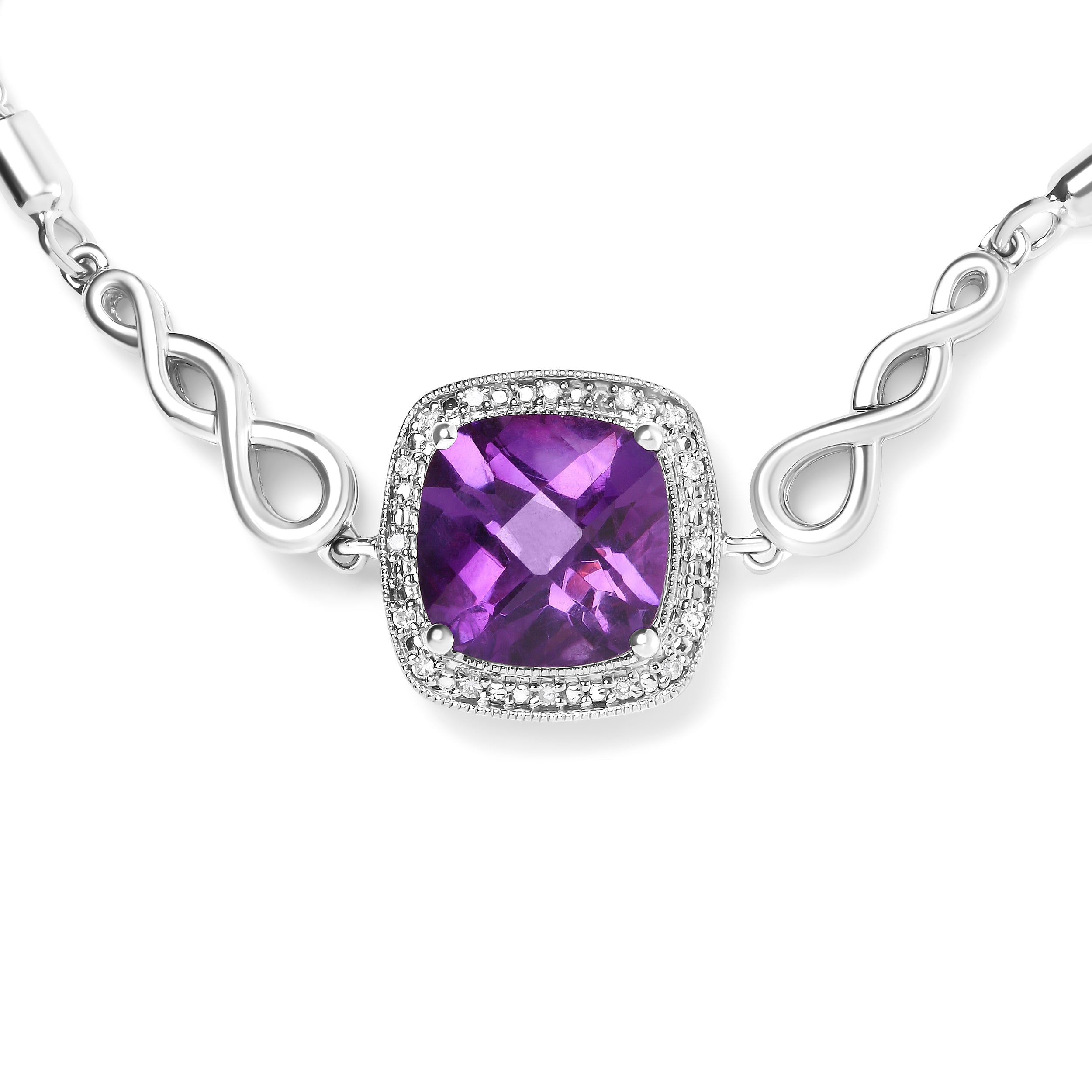 .925 Sterling Silver 10mm Cushion Cut Amethyst Gemstone and Diamond Accent Lariat 4â€-10†Adjustable Bolo Bracelet (H-I Color, SI1-SI2 Clarity) DestGlow