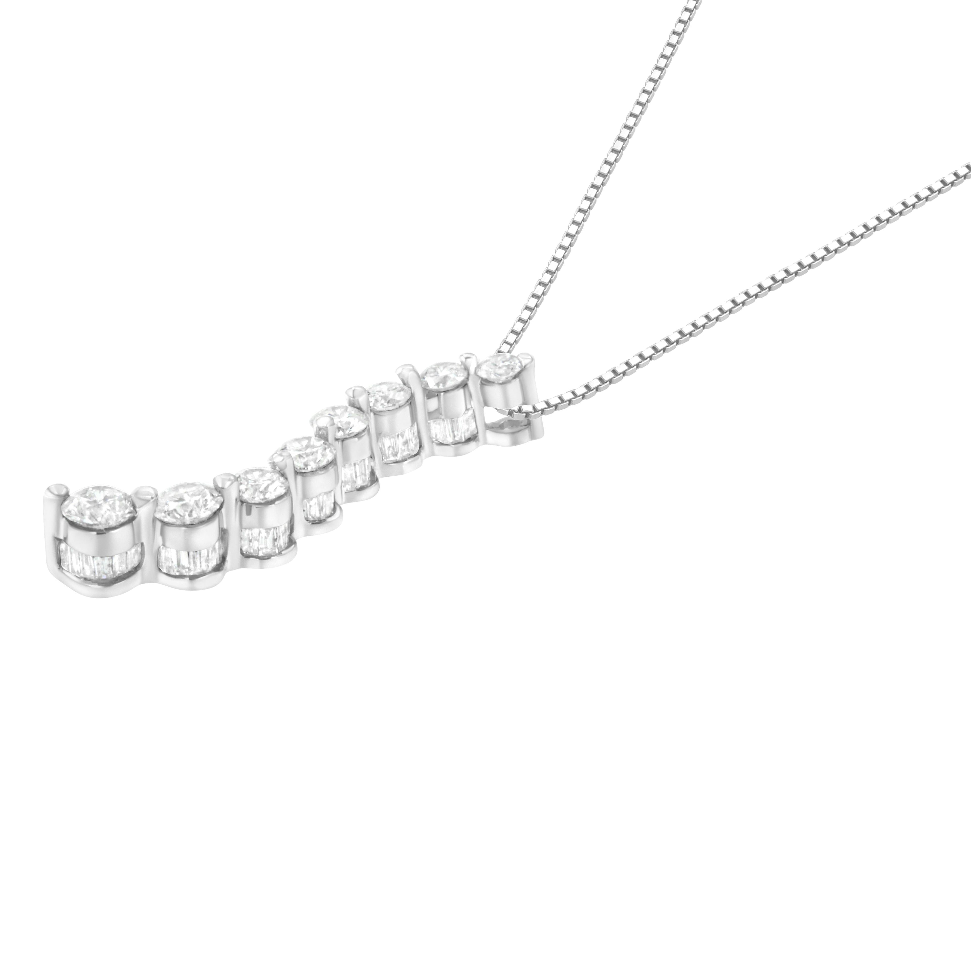 14K White Gold 3.0 Cttw Round-Brilliant & Baguette Cut Diamond S Shaped Graduated 18" Pendant Necklace (I-J Color, I2-I3 Clarity) by Bids.com