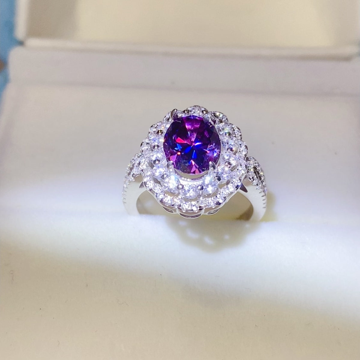 2 Carat Purple Oval-Cut Purple Oval-Cut Sparkala™ Pure Sterling Silver Halo Ring - DestGlow