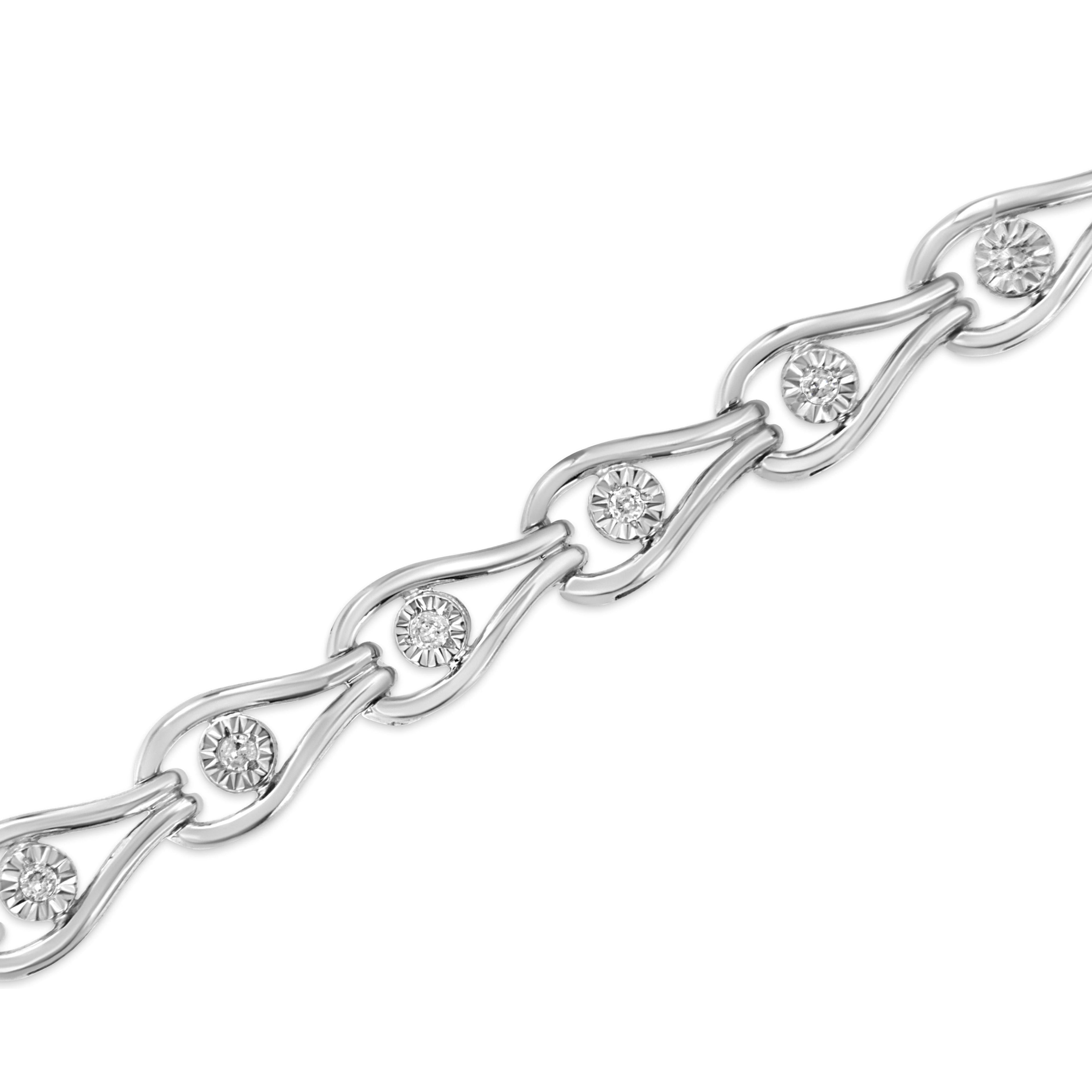 .925 Sterling Silver 1/10 Cttw Miracle-Set Diamond Pear Shape and Bezel Link Bracelet (I-J Color, I3 Clarity) - 7.25" by Bids.com