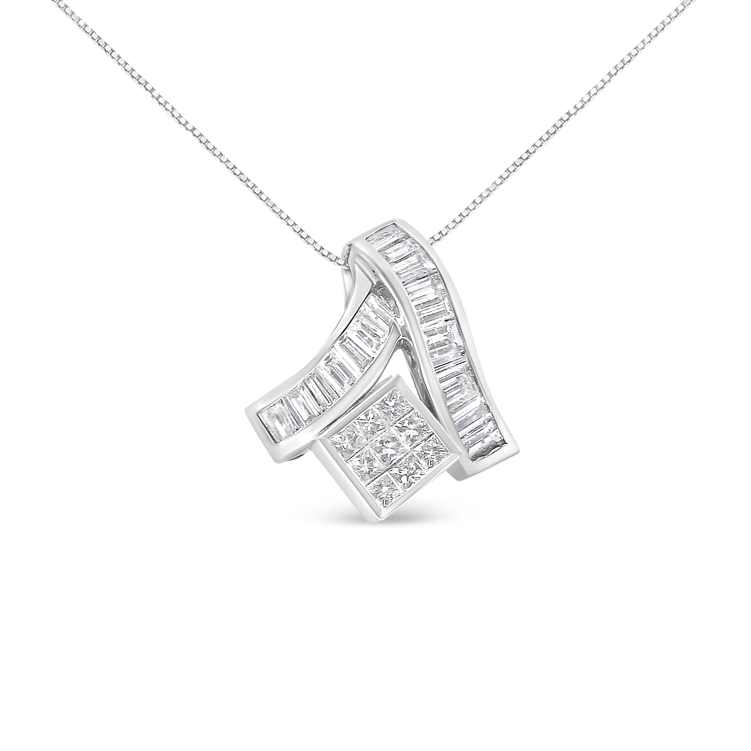 14K White Gold 1 7/8 cttw Princess and Baguette Cut Mixed Geometry Diamond Pendant Necklace (G-H, SI1-SI2) by Bids.com