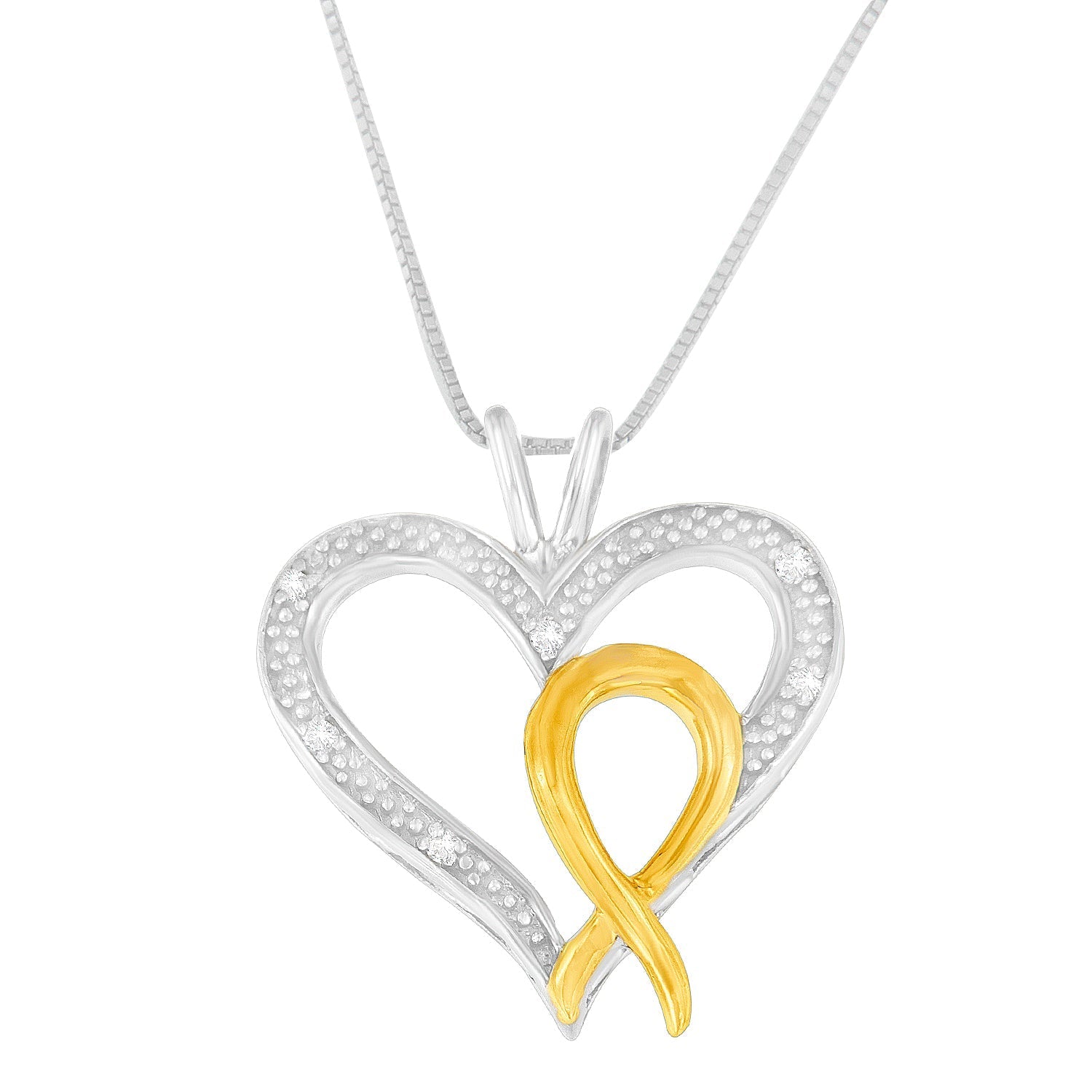 .925 Sterling Silver Two Toned 1/25 cttw Diamond Heart-Ribbon Pendant Necklace (I-J, I2-I3) DestGlow
