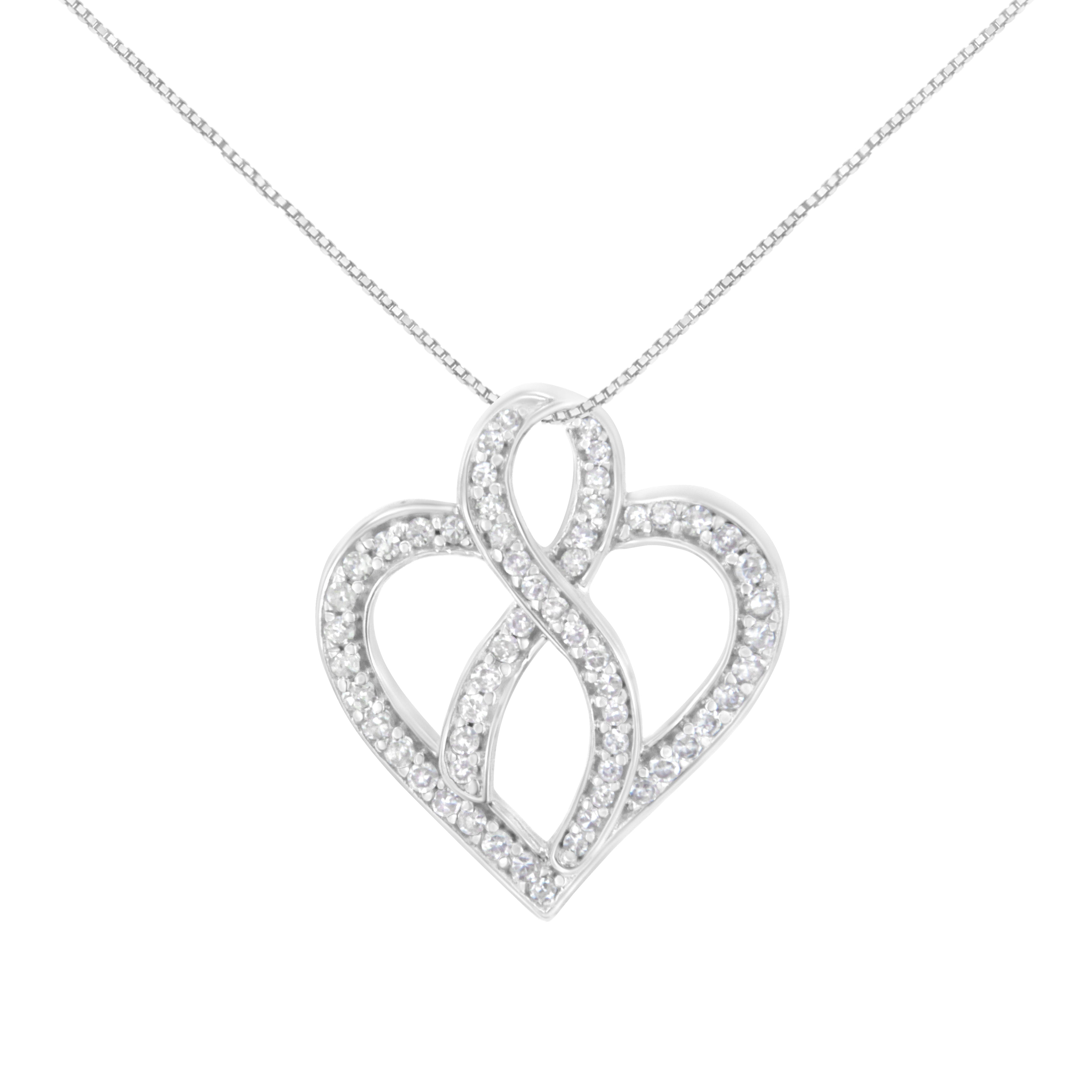 14K White Gold 1/4 cttw Round Cut Diamond Heart and Ribbon Center Pendant Necklace (H-I, I1-I2) by Bids.com