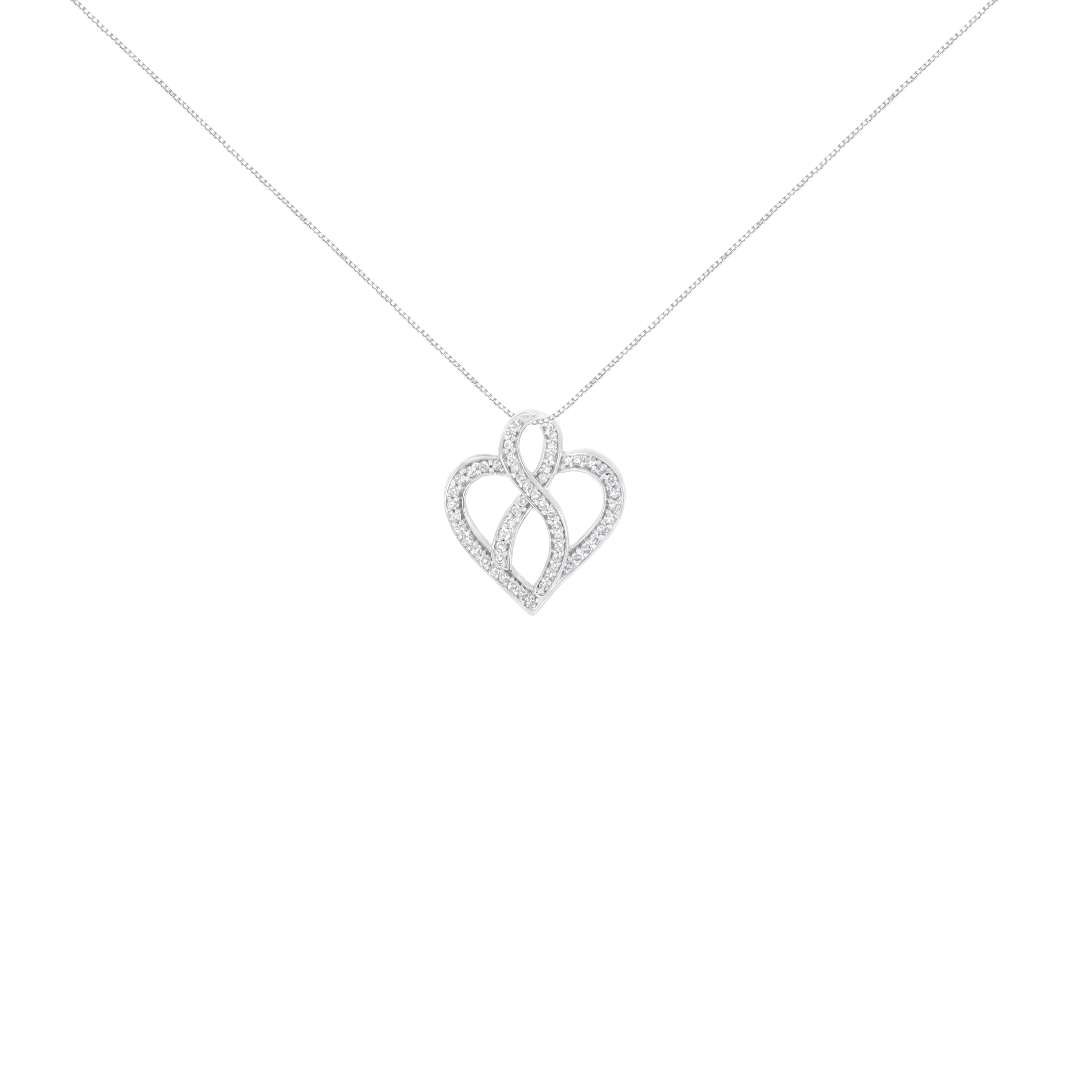 14K White Gold 1/4 cttw Round Cut Diamond Heart and Ribbon Center Pendant Necklace (H-I, I1-I2) by Bids.com