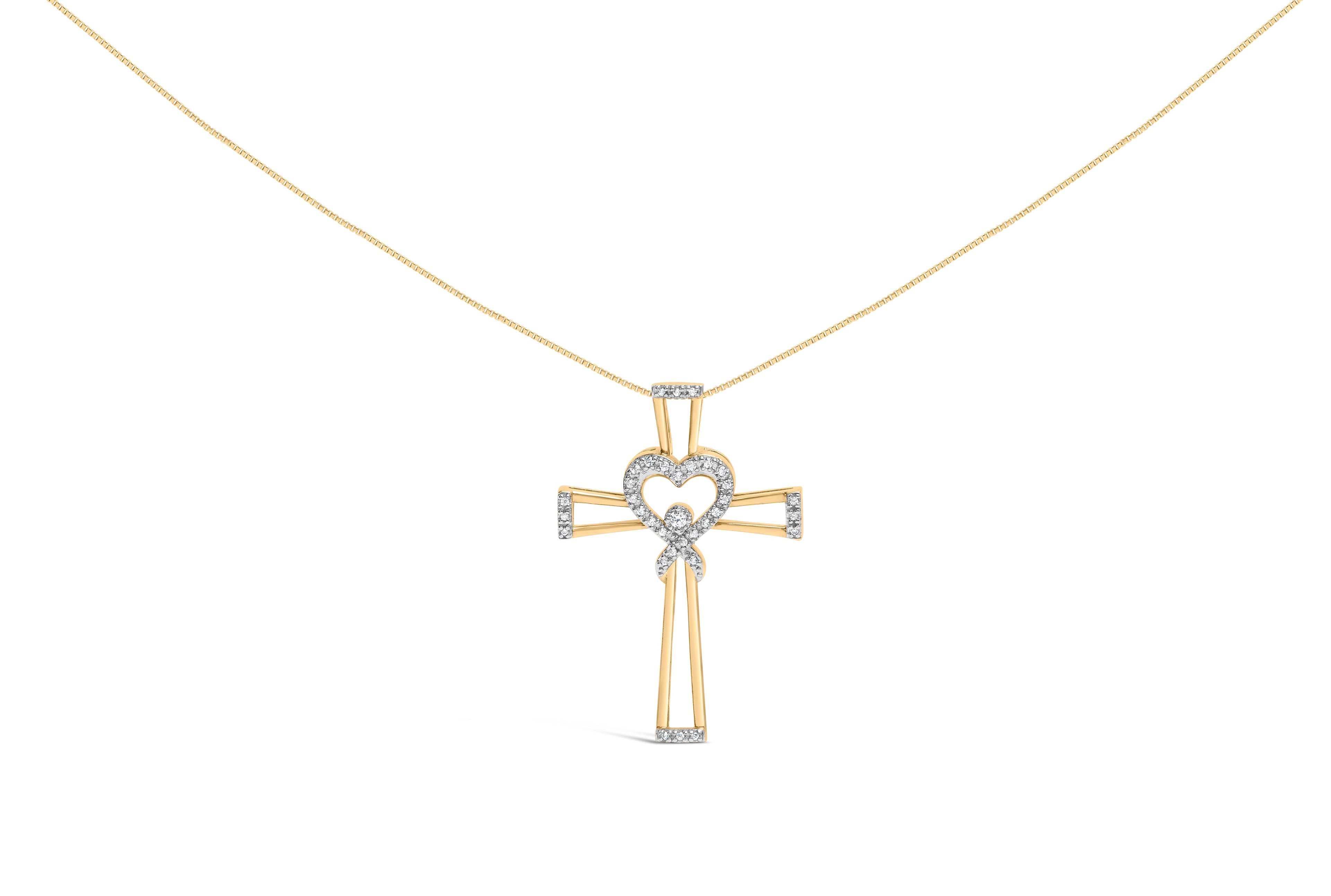 14K Yellow Gold Plated .925 Sterling Silver 1/6 Cttw Diamond Interlocking Heart and Ribbon Cross Pendant Necklace (H-I Color, I2-I3 Clarity) - 18" Inches by Bids.com