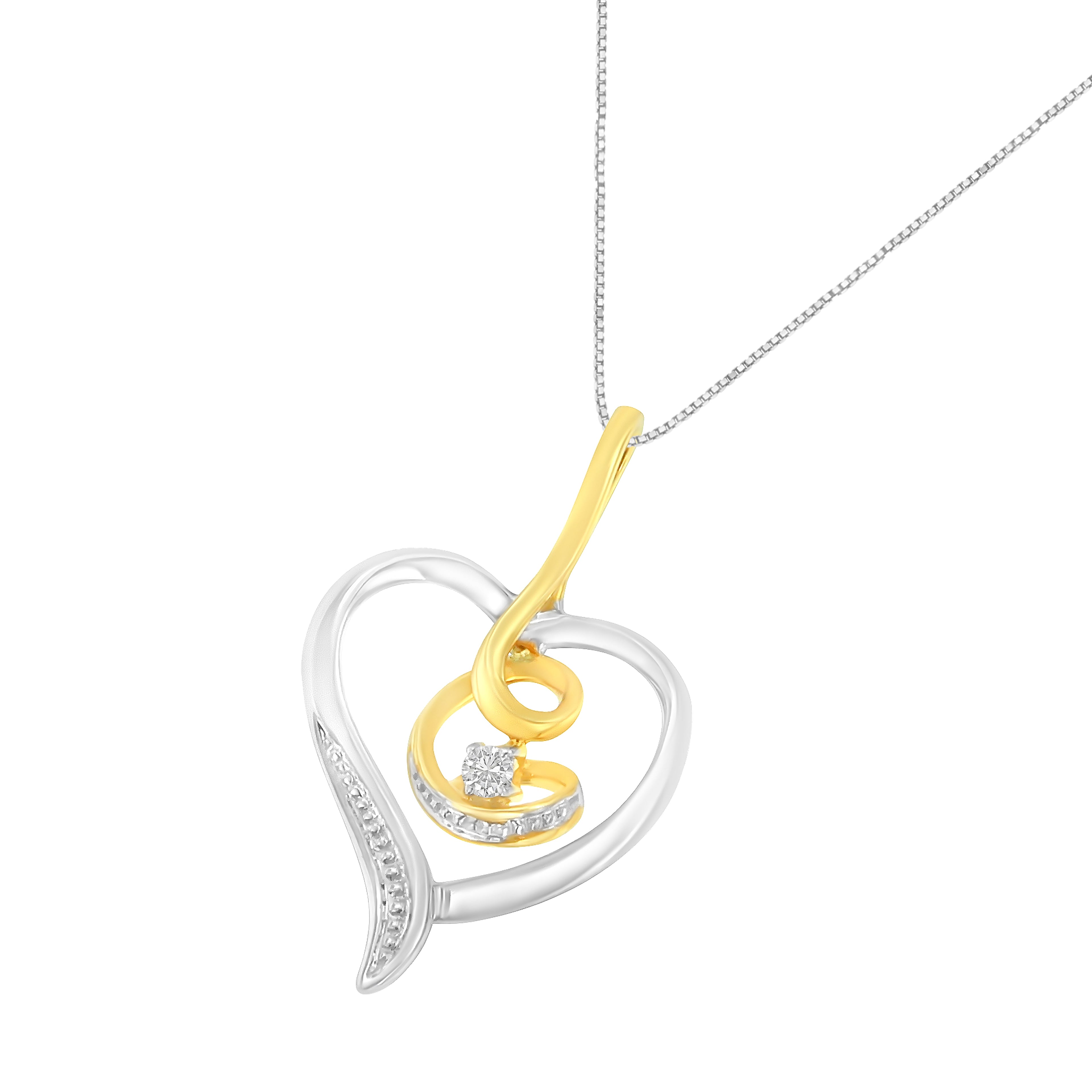 Espira 10K Two-Tone Yellow & White Gold .03 Cttw Diamond-Accented Round-Cut Diamond Swirl Open Heart 18" Pendant Necklace (I-J Color, I2-I3 Clarity) by Bids.com